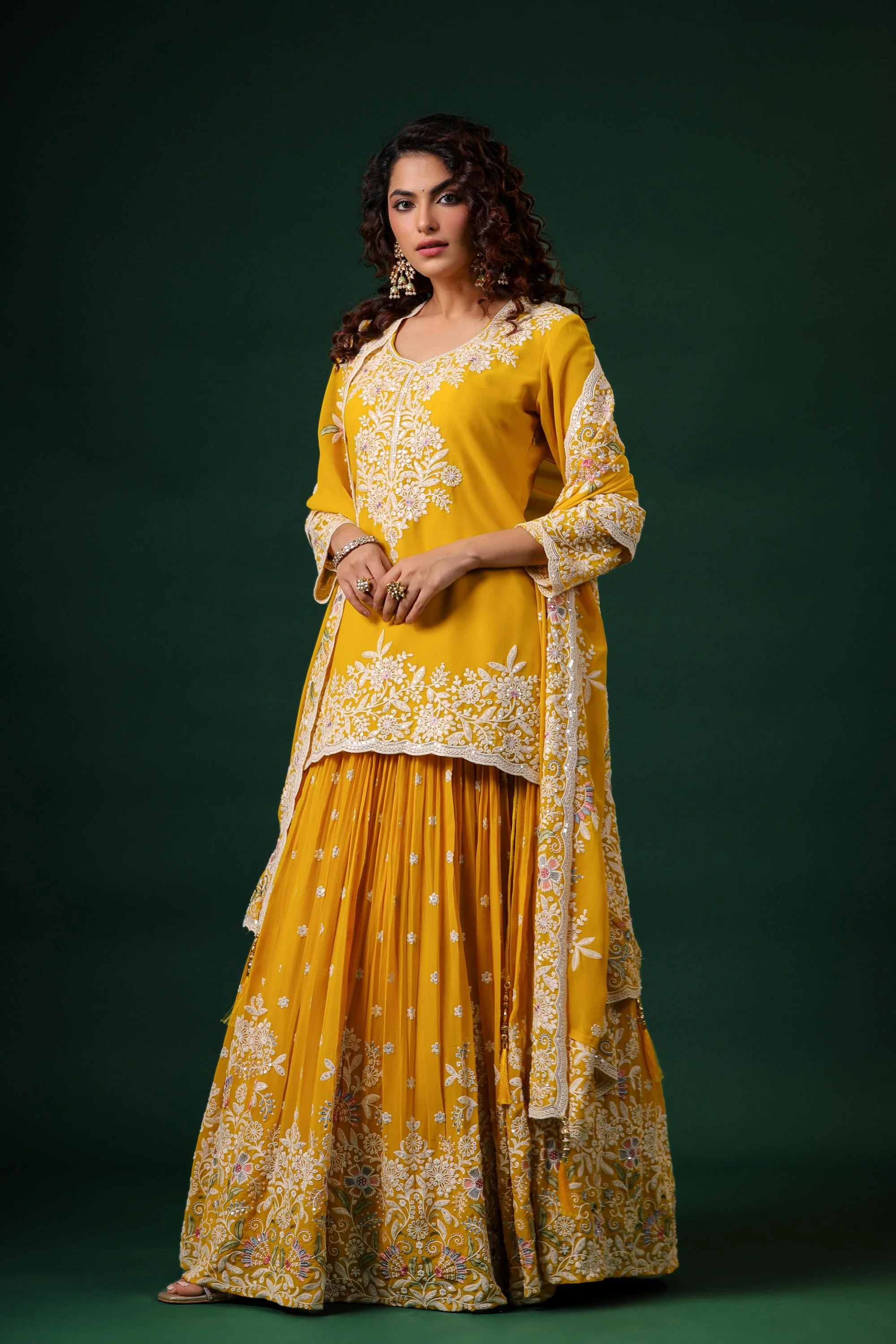 Bright Yellow Embroidered Swiss Georgette Silk Lehenga Set - Image 3
