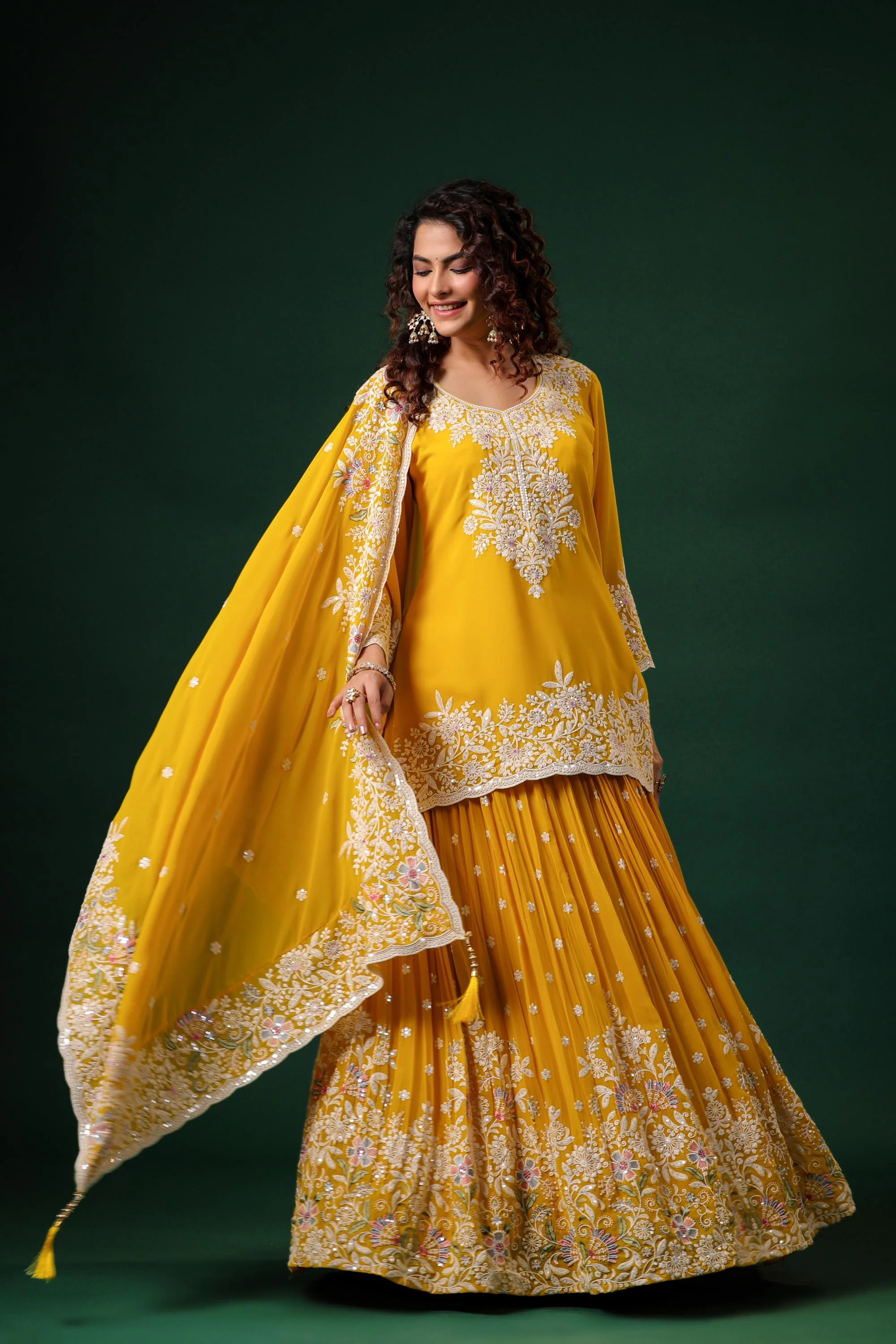 Bright Yellow Embroidered Swiss Georgette Silk Lehenga Set - Image 4
