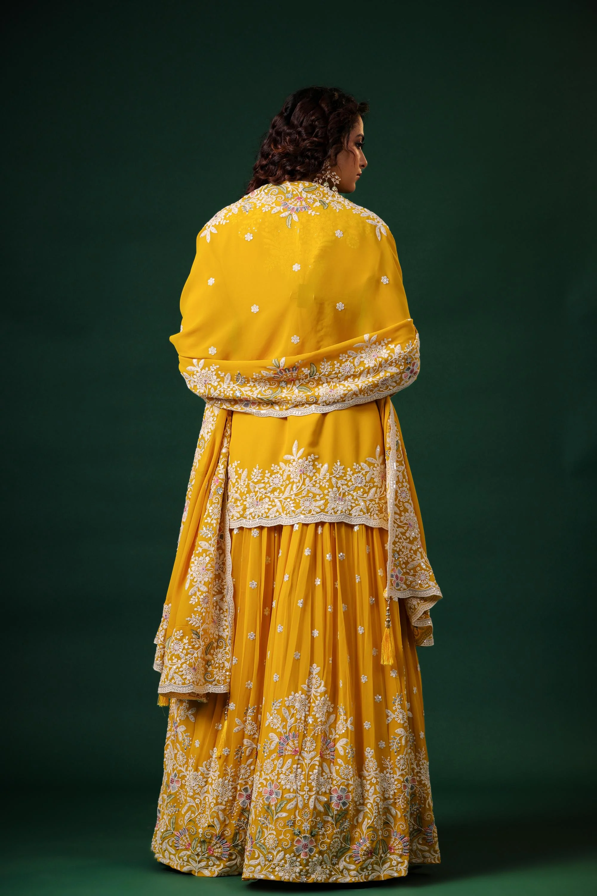 Bright Yellow Embroidered Swiss Georgette Silk Lehenga Set - Image 5