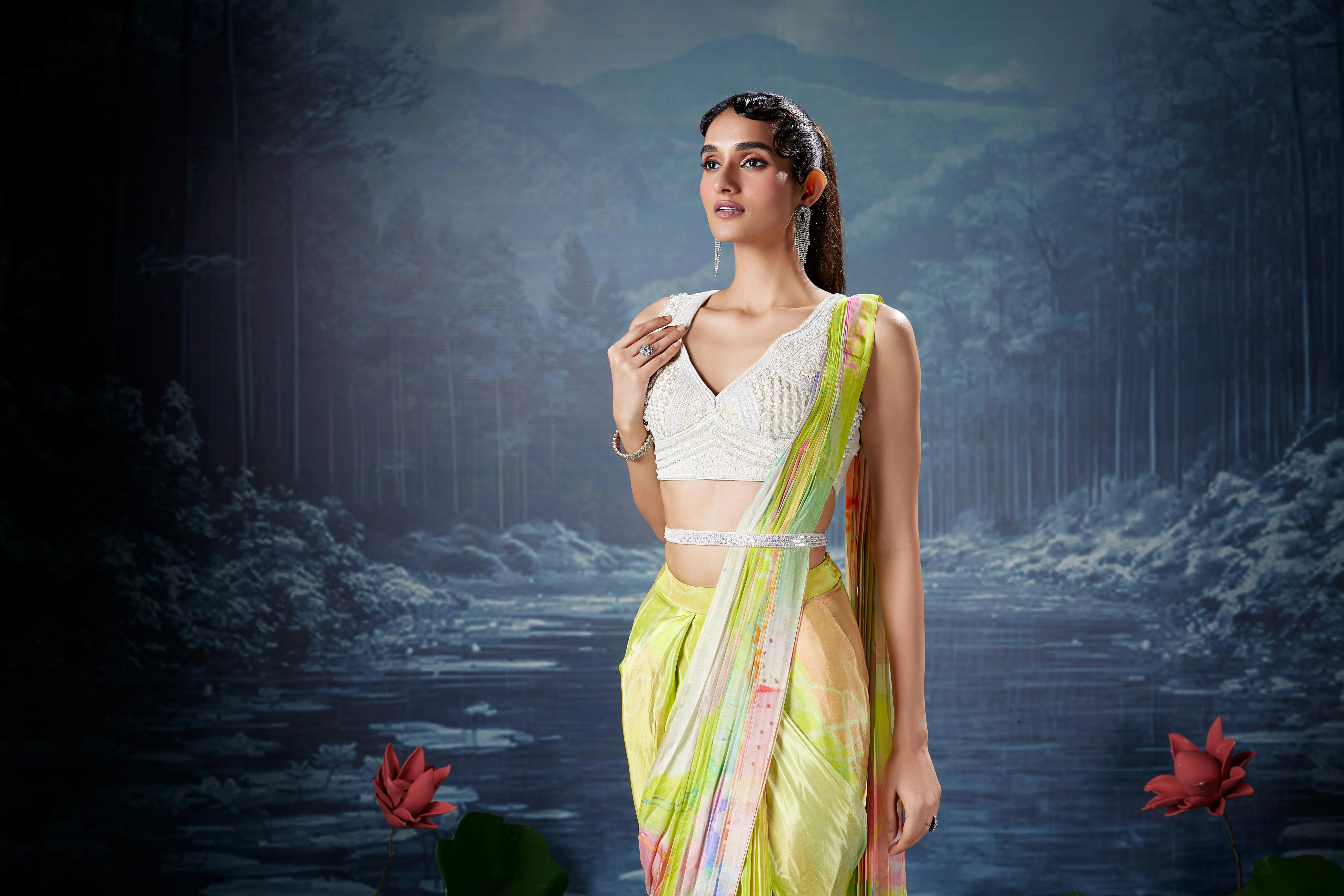Lime Green Floral Printed Crepe Silk Saree - Image 2