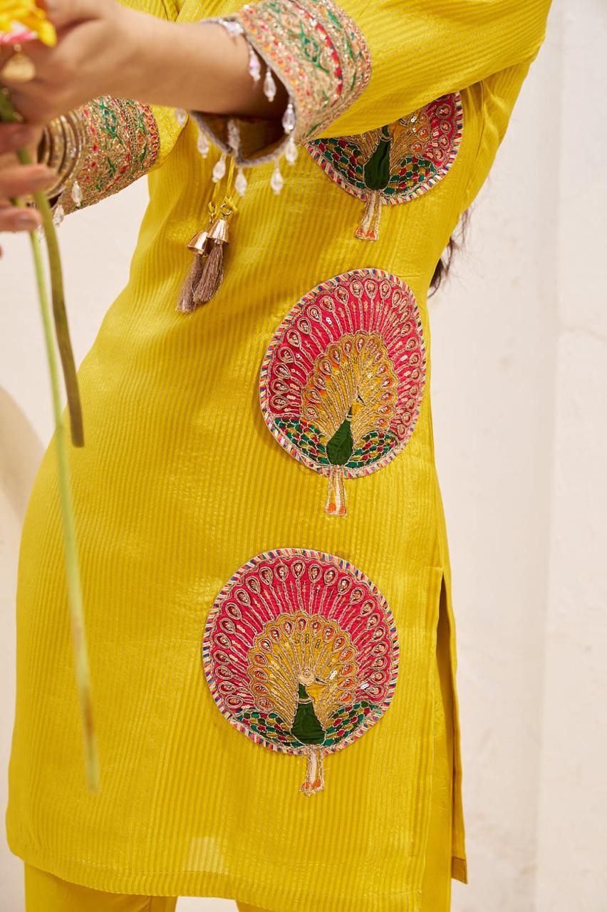 Bright Yellow Jacquard Tissue Silk Co-Ord Set - Image 2