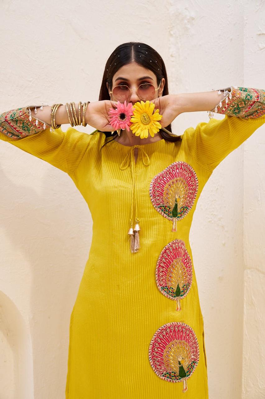 Bright Yellow Jacquard Tissue Silk Co-Ord Set - Image 3