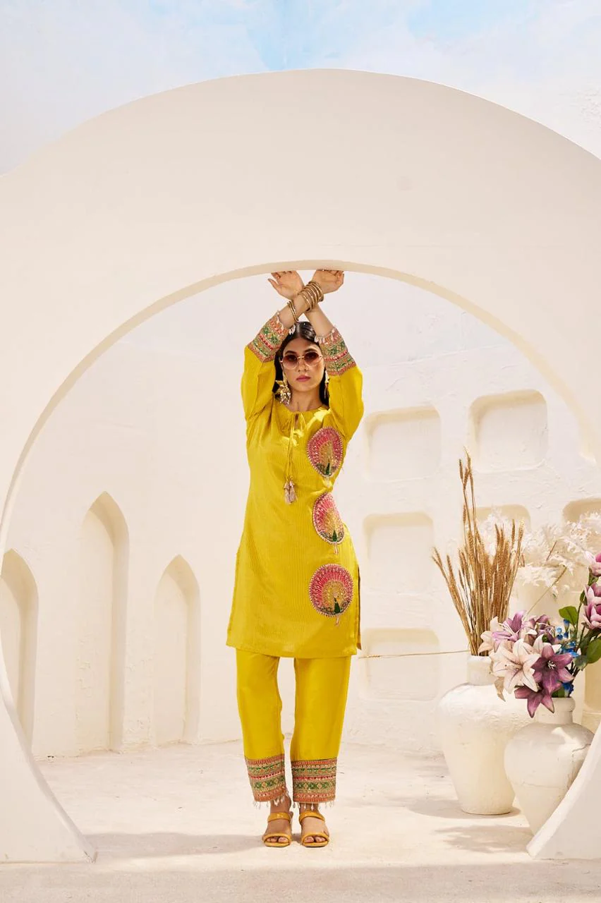 Bright Yellow Jacquard Tissue Silk Co-Ord Set - Image 4