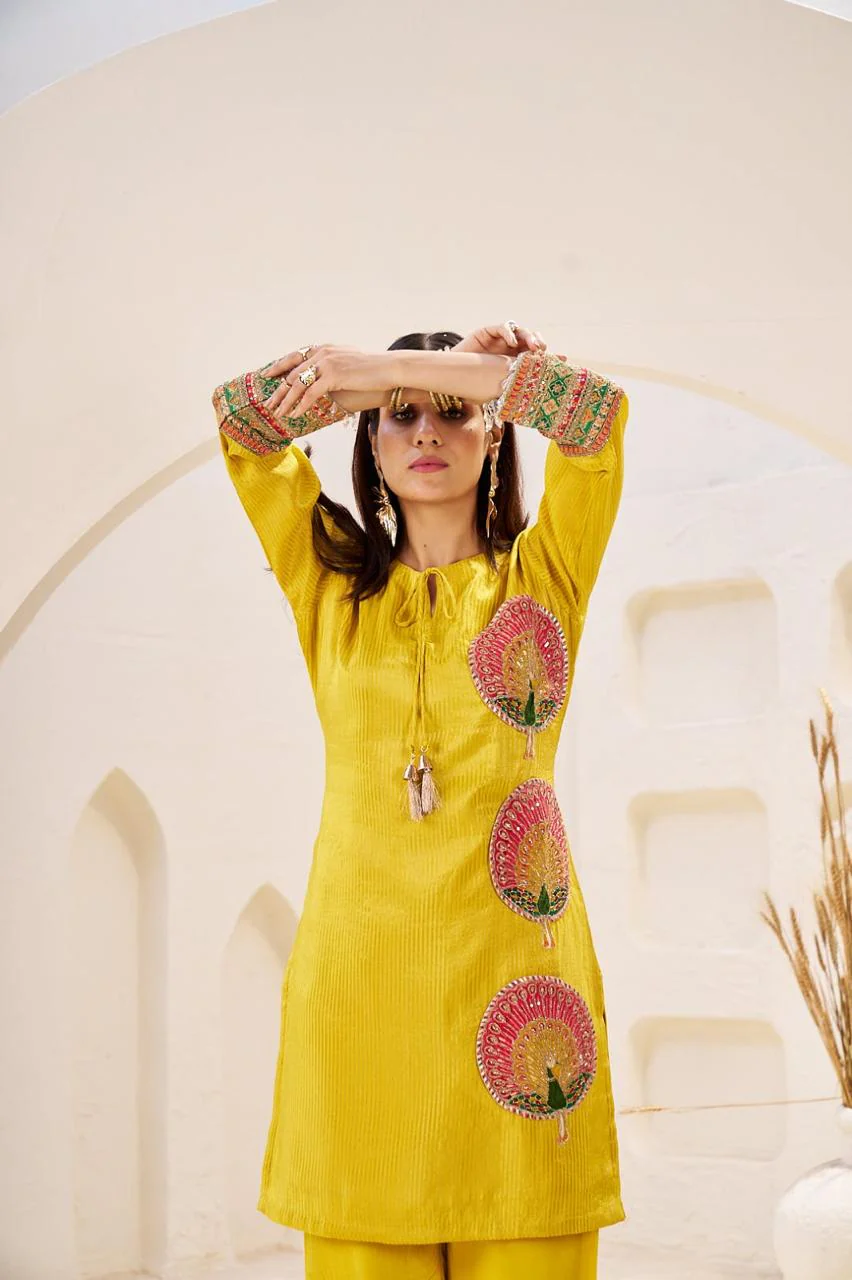 Bright Yellow Jacquard Tissue Silk Co-Ord Set - Image 5