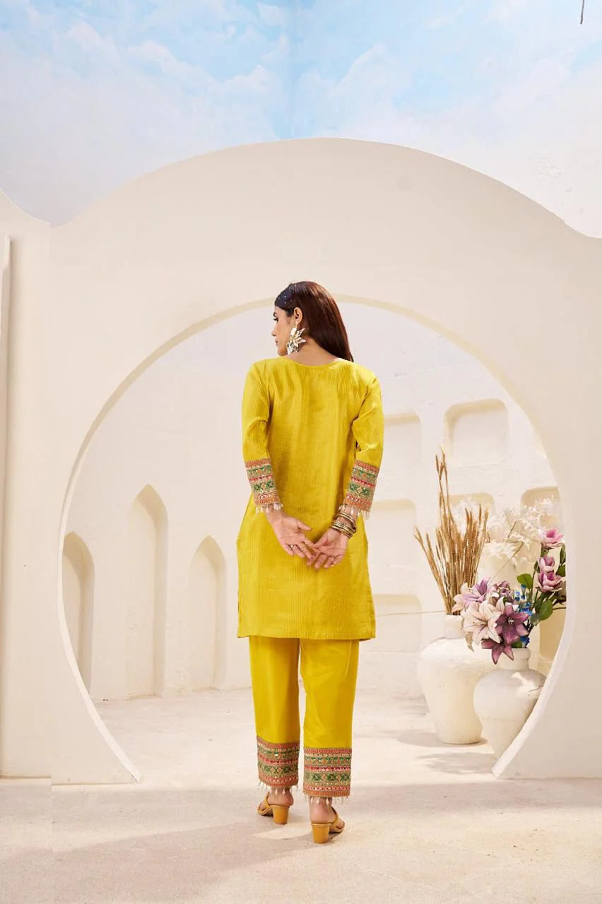 Bright Yellow Jacquard Tissue Silk Co-Ord Set - Image 6