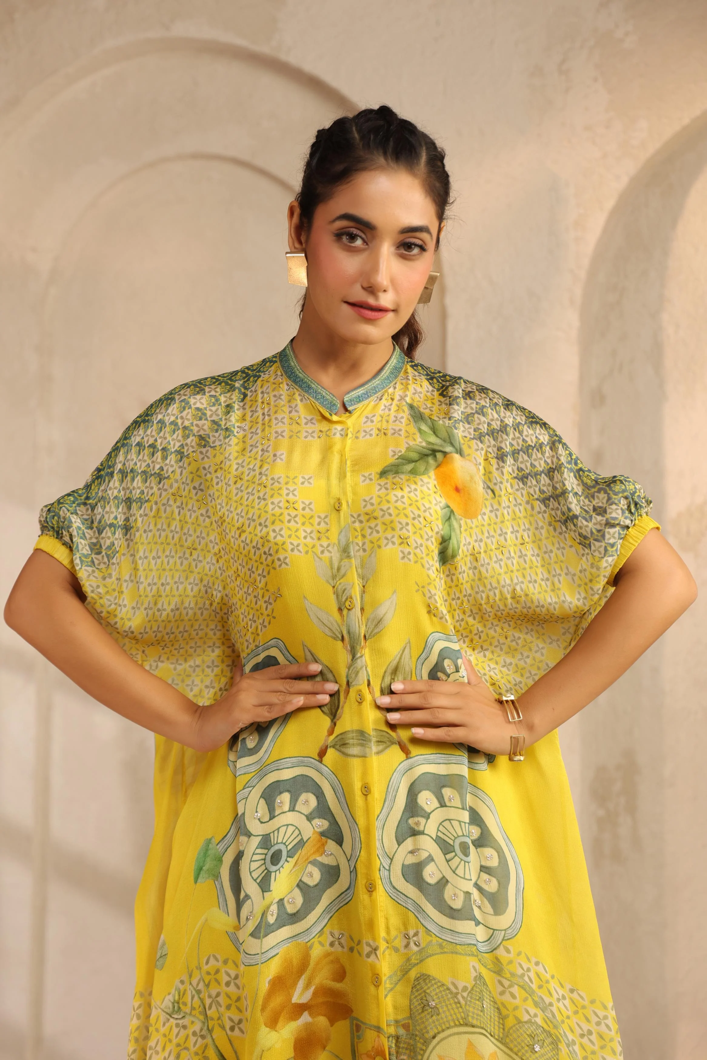 Bright Yellow Printed Chinon Kurta Set - Image 2