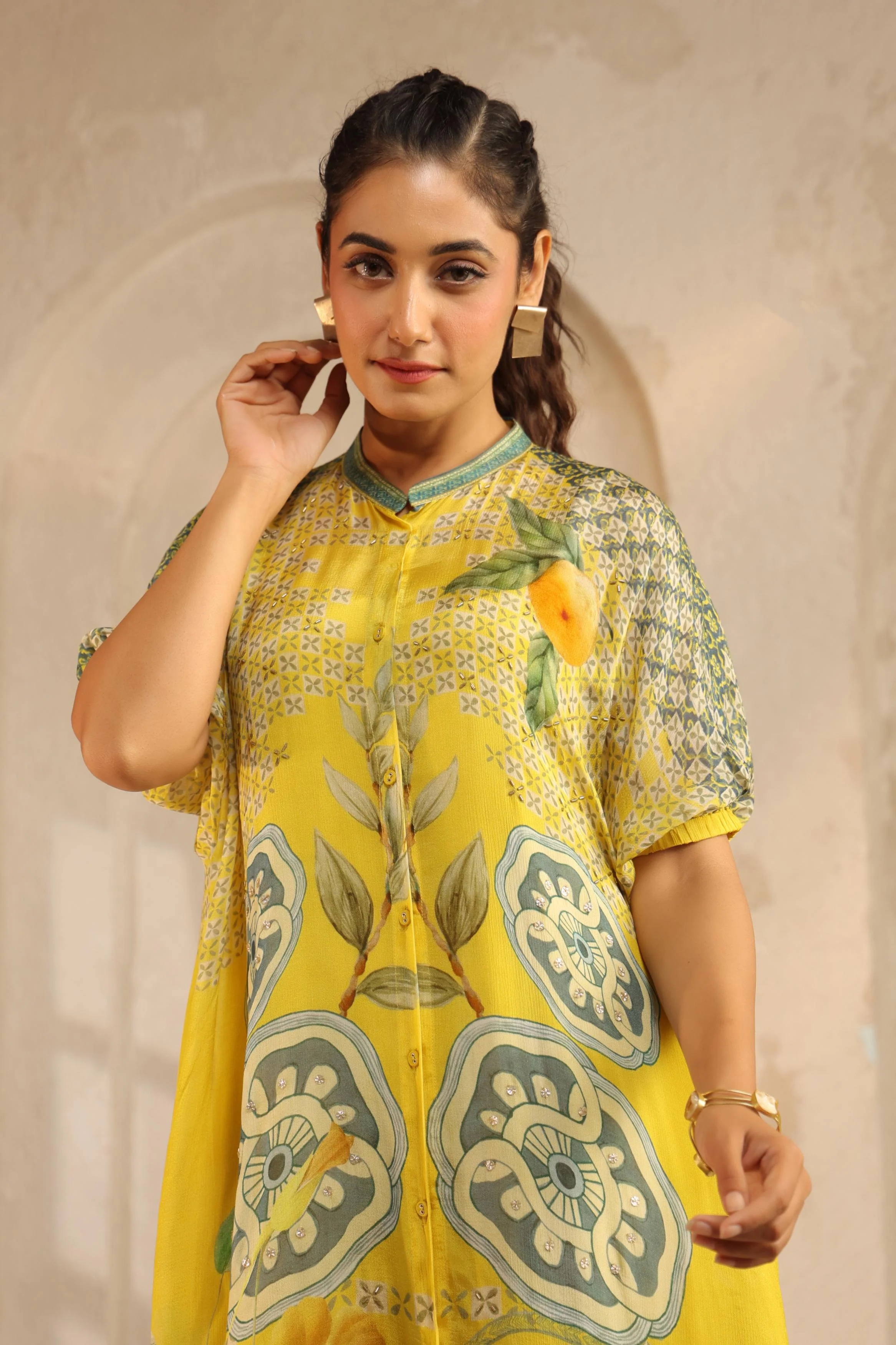 Bright Yellow Printed Chinon Kurta Set - Image 3