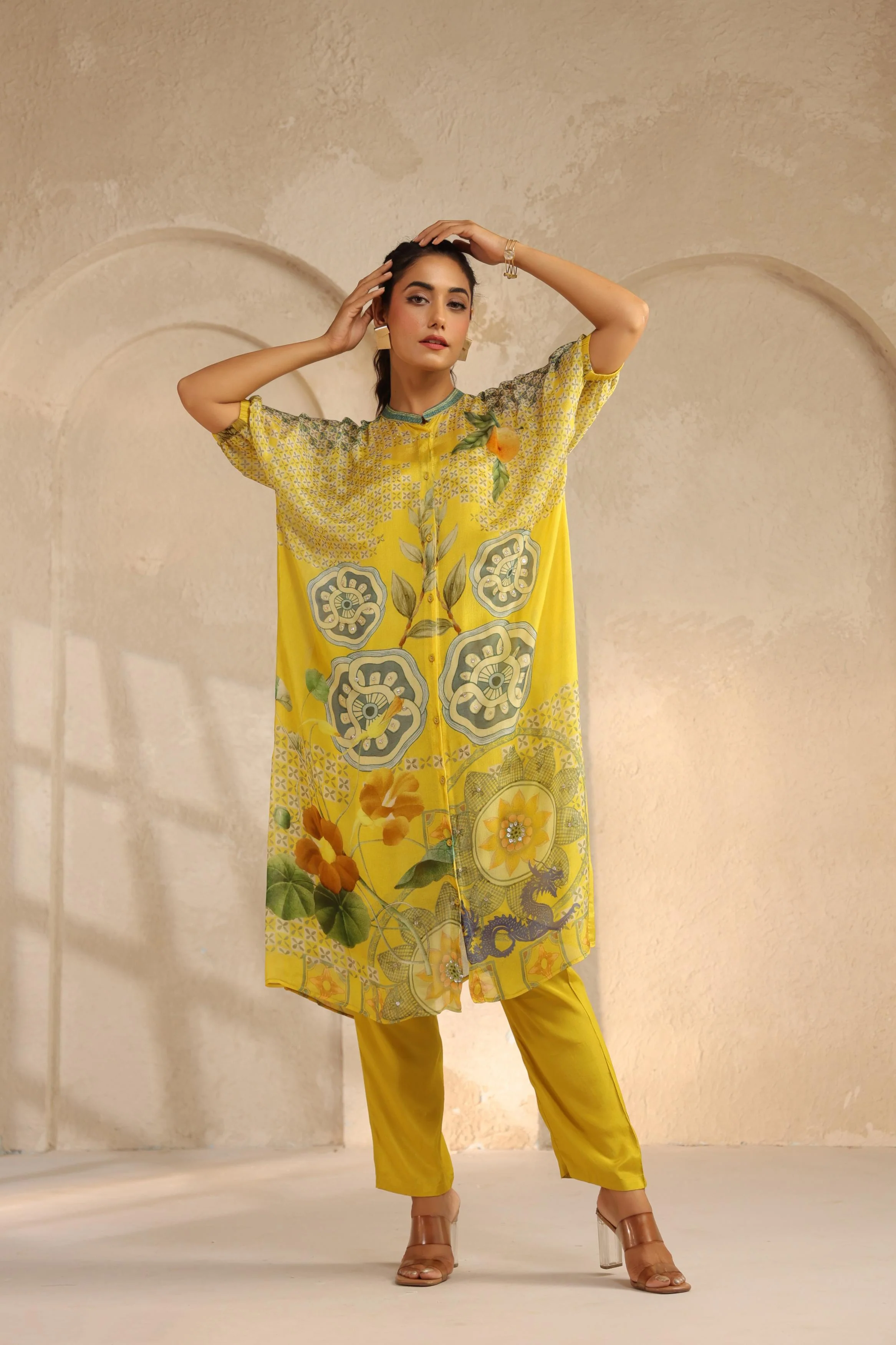 Bright Yellow Printed Chinon Kurta Set - Image 4