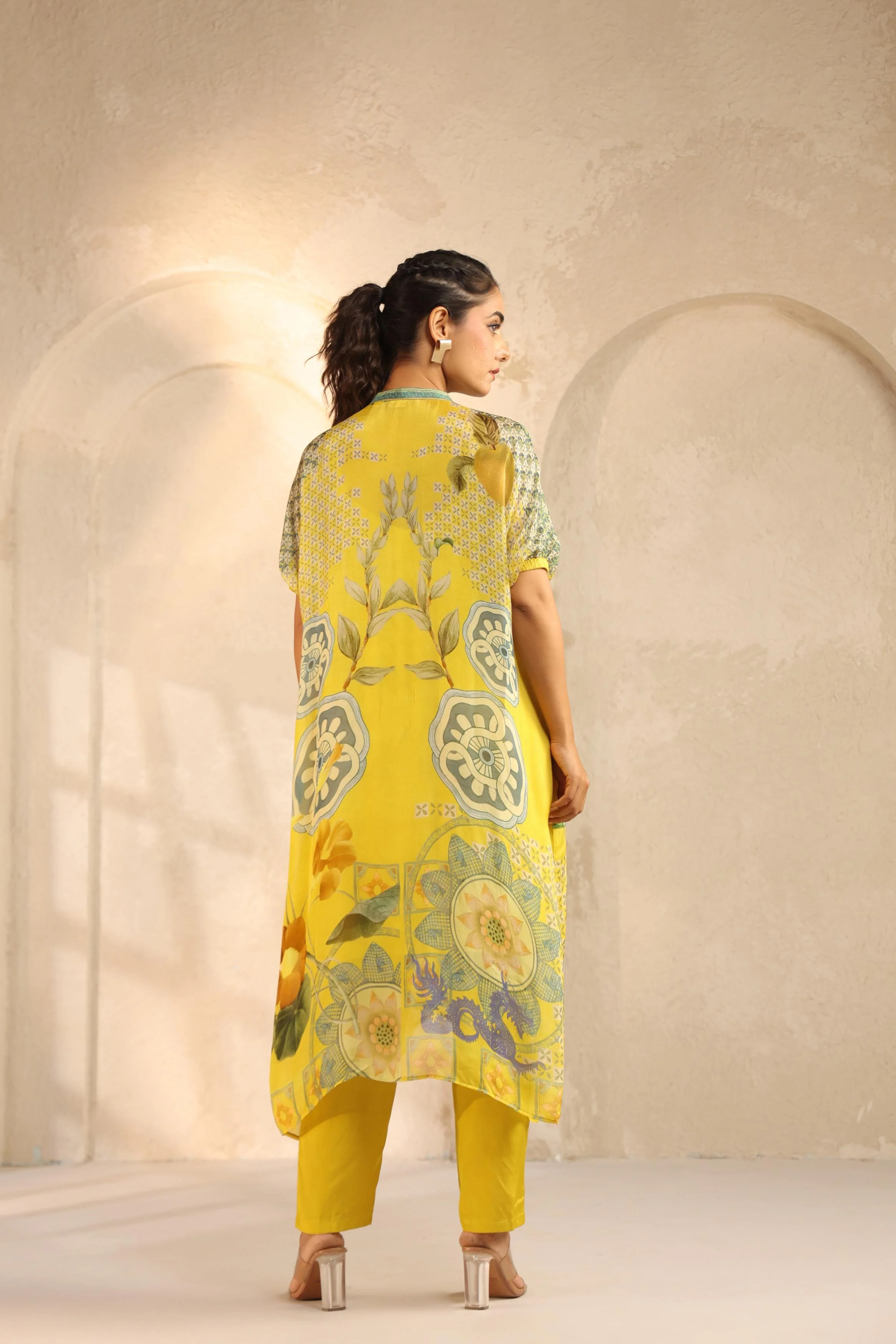 Bright Yellow Printed Chinon Kurta Set - Image 5