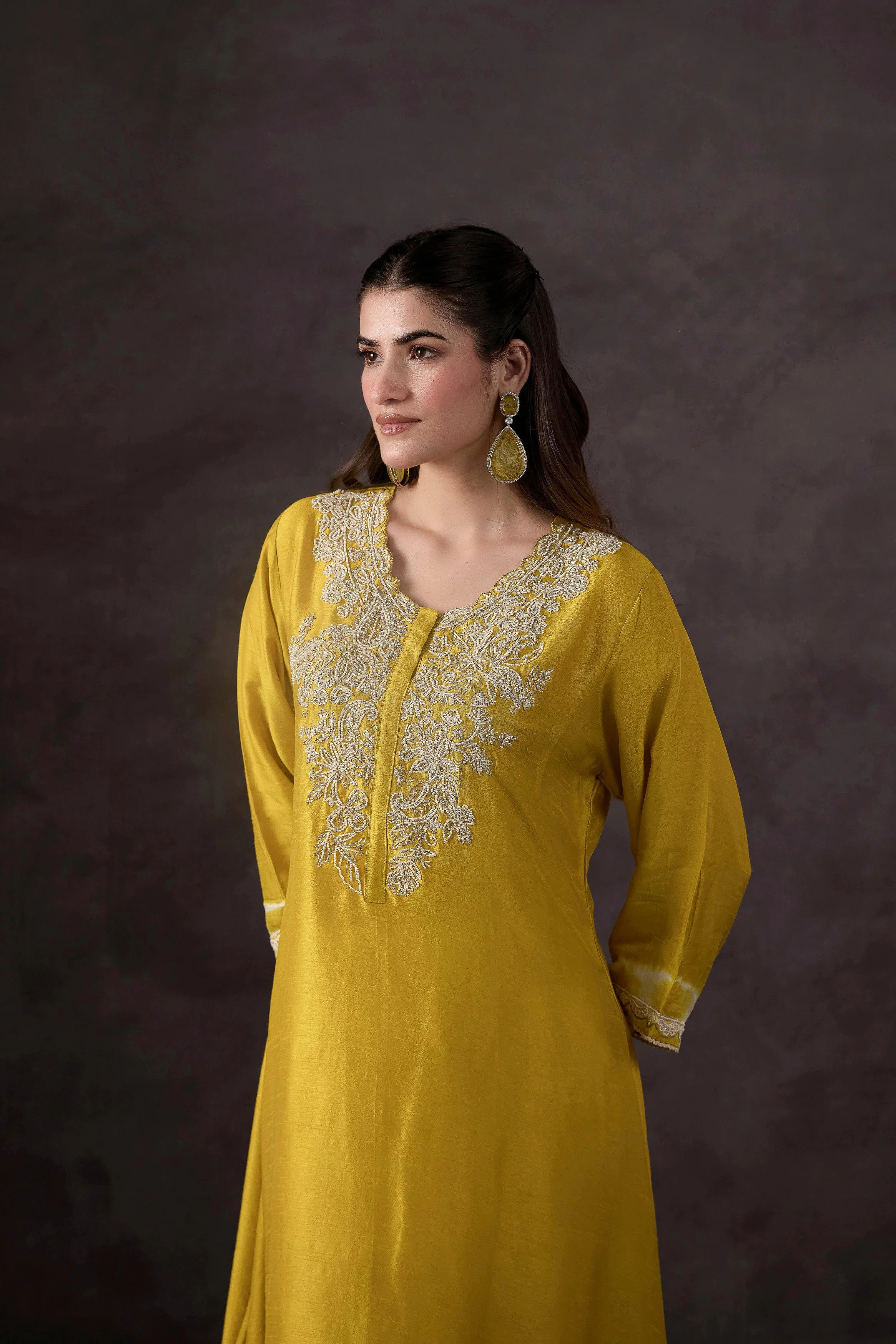 Bright Yelow Embellished Raw Silk Kurta Set - Image 3