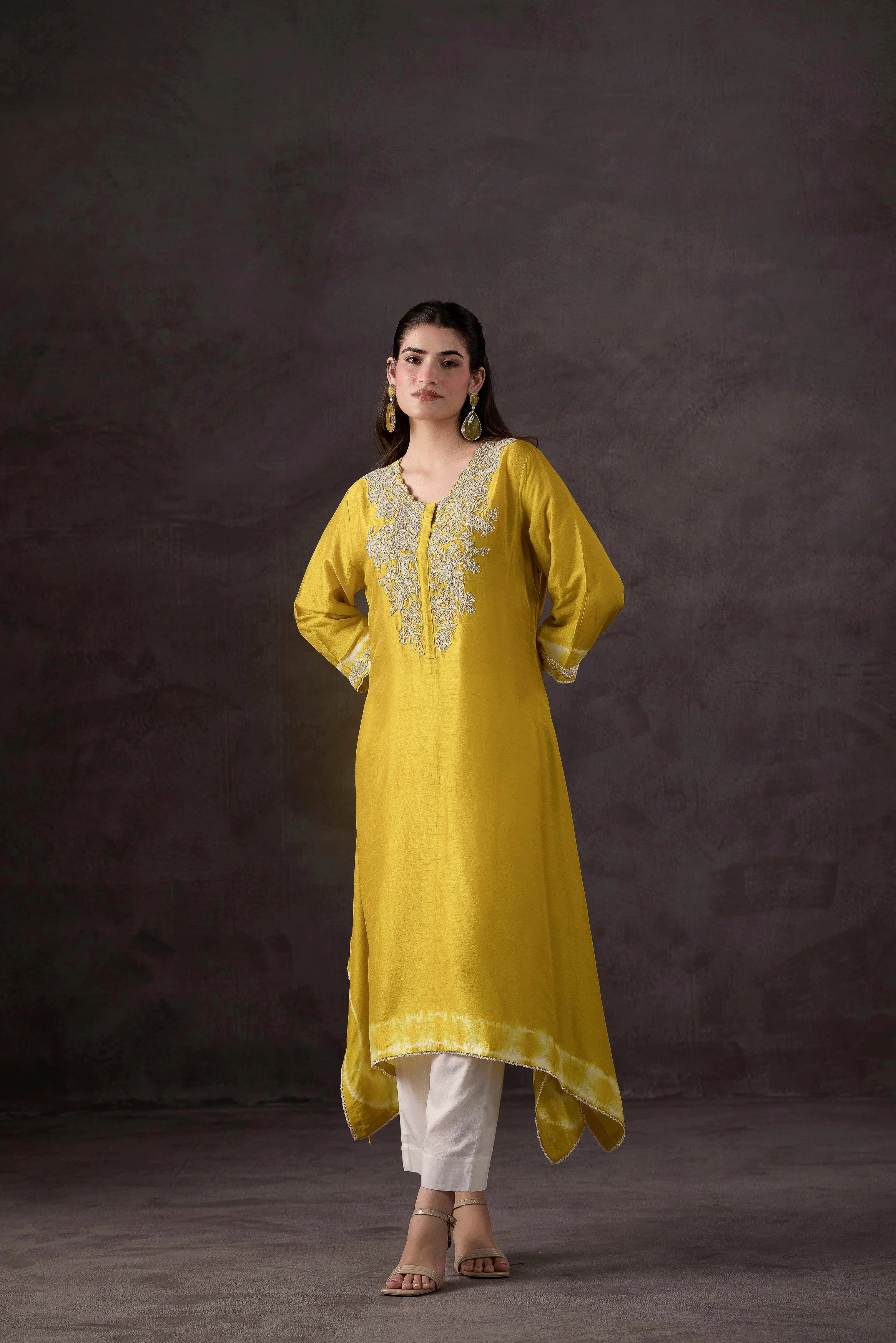 Bright Yelow Embellished Raw Silk Kurta Set - Image 4
