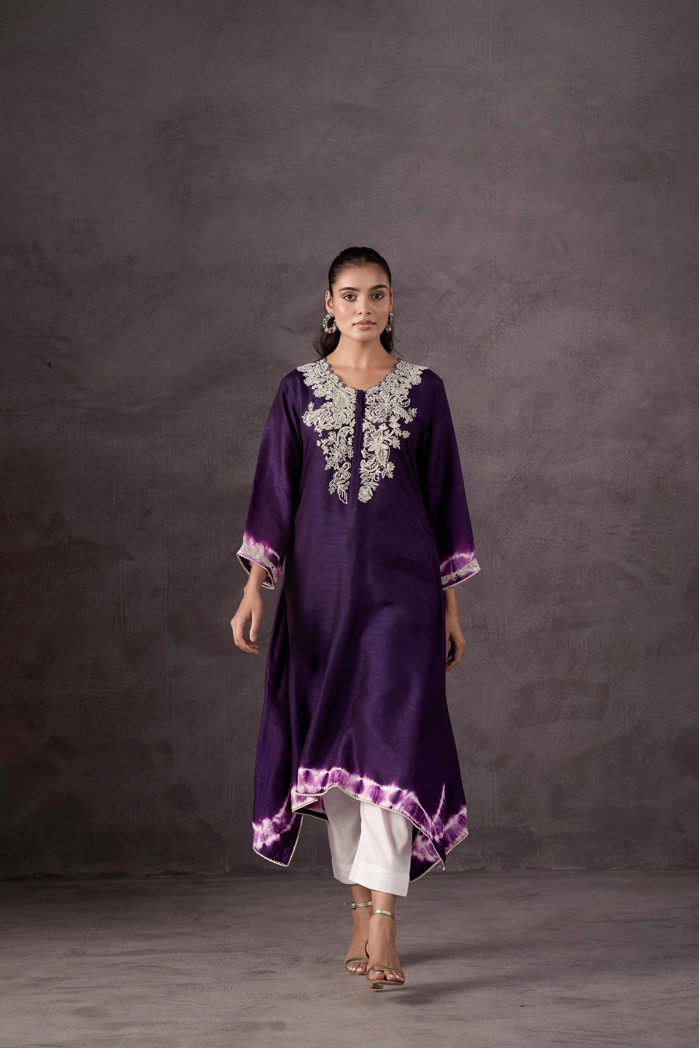 Dark Purple Embellished Raw Silk Kurta Set