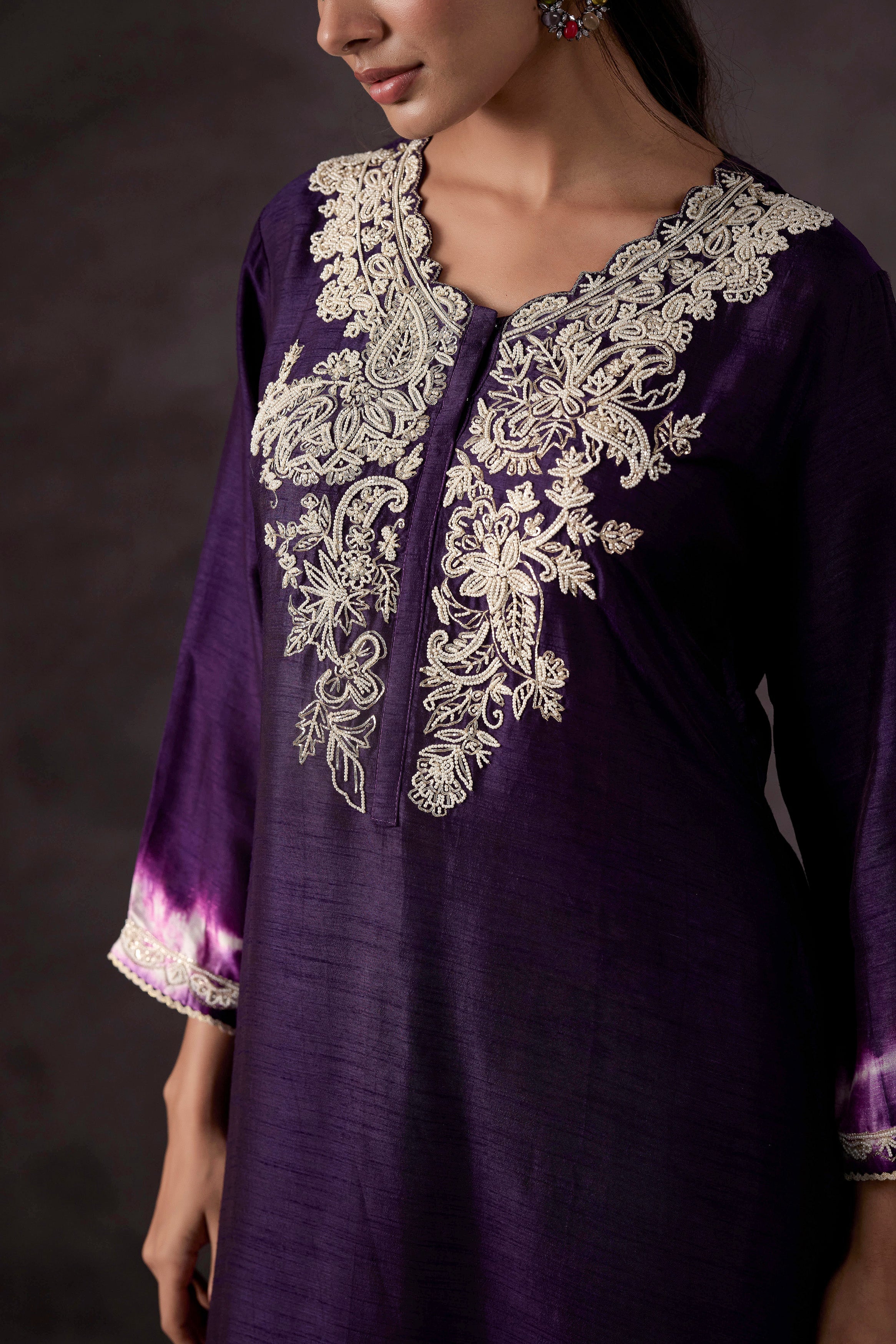 Dark Purple Embellished Raw Silk Kurta Set - Image 2