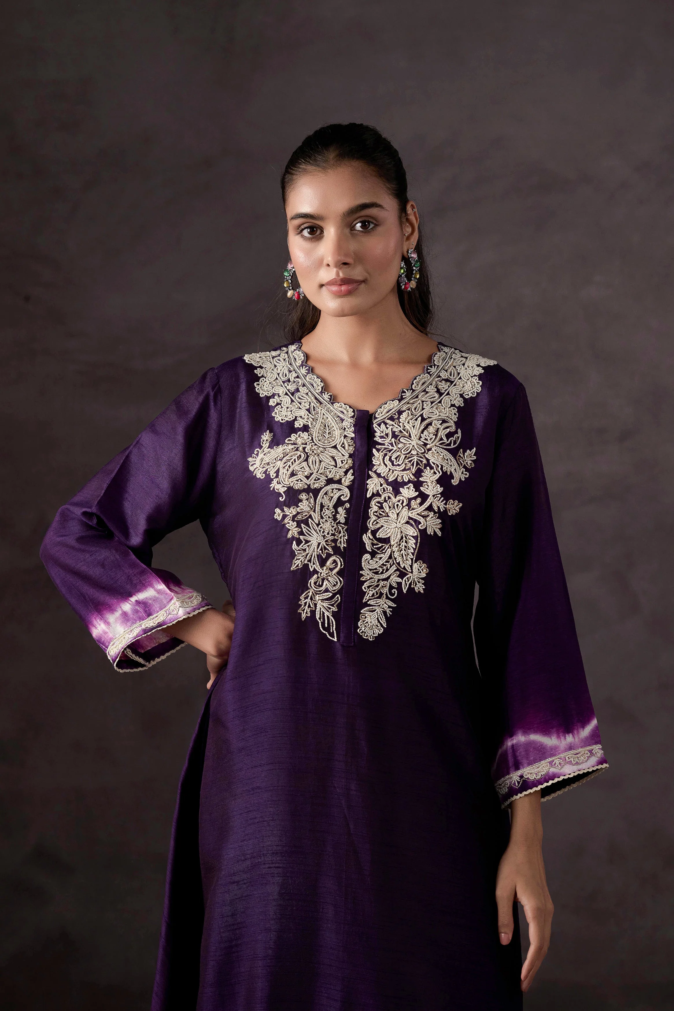 Dark Purple Embellished Raw Silk Kurta Set - Image 3