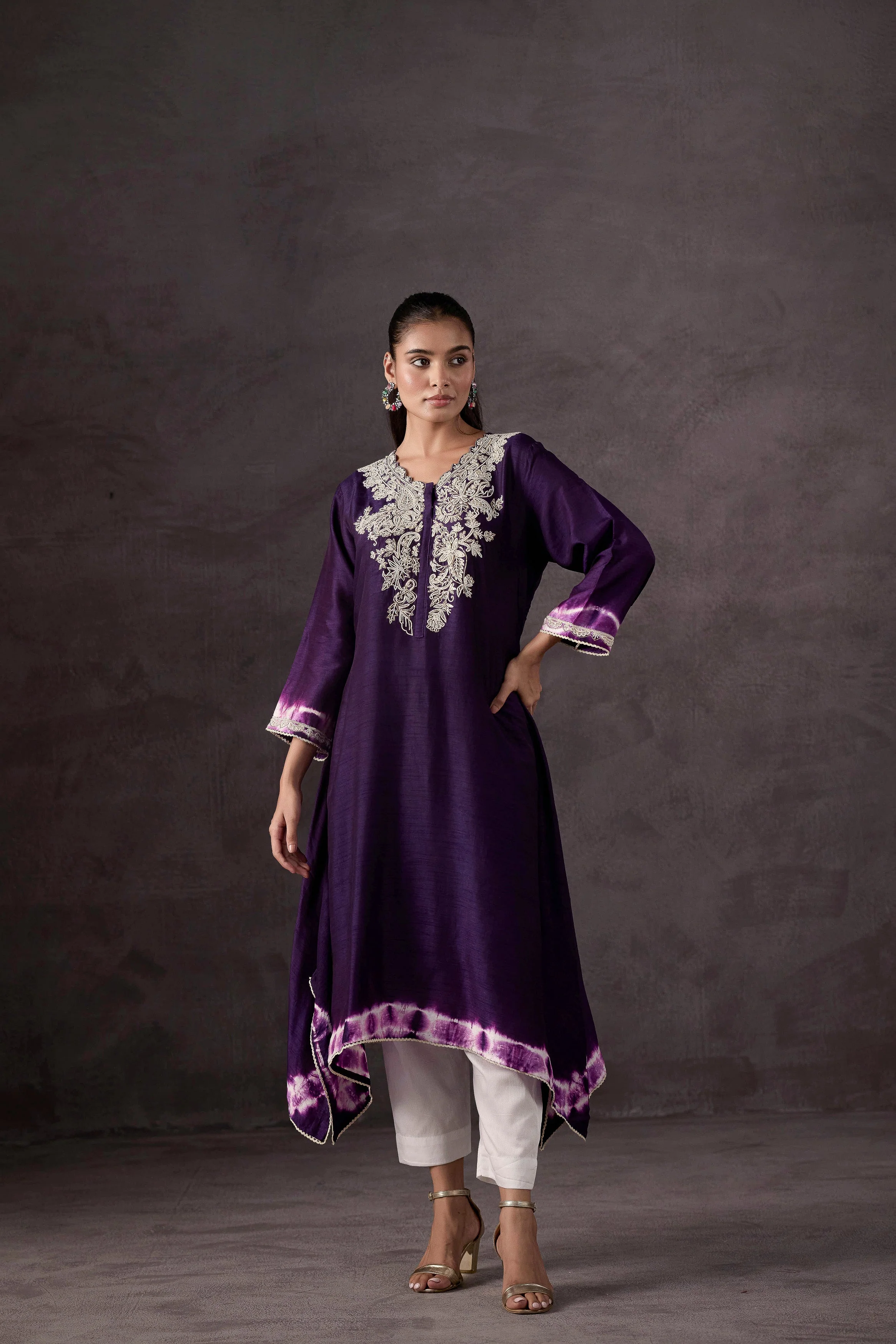 Dark Purple Embellished Raw Silk Kurta Set - Image 5