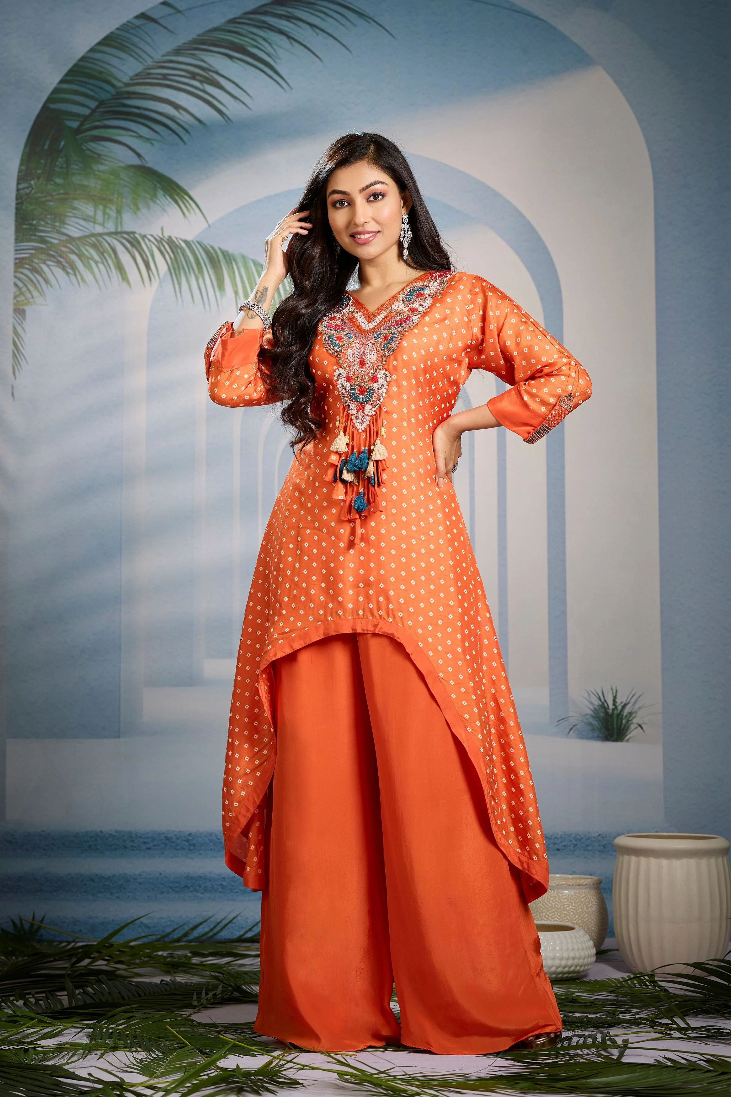 Bright Orange Bandhani Printed Kurta Set - Image 4