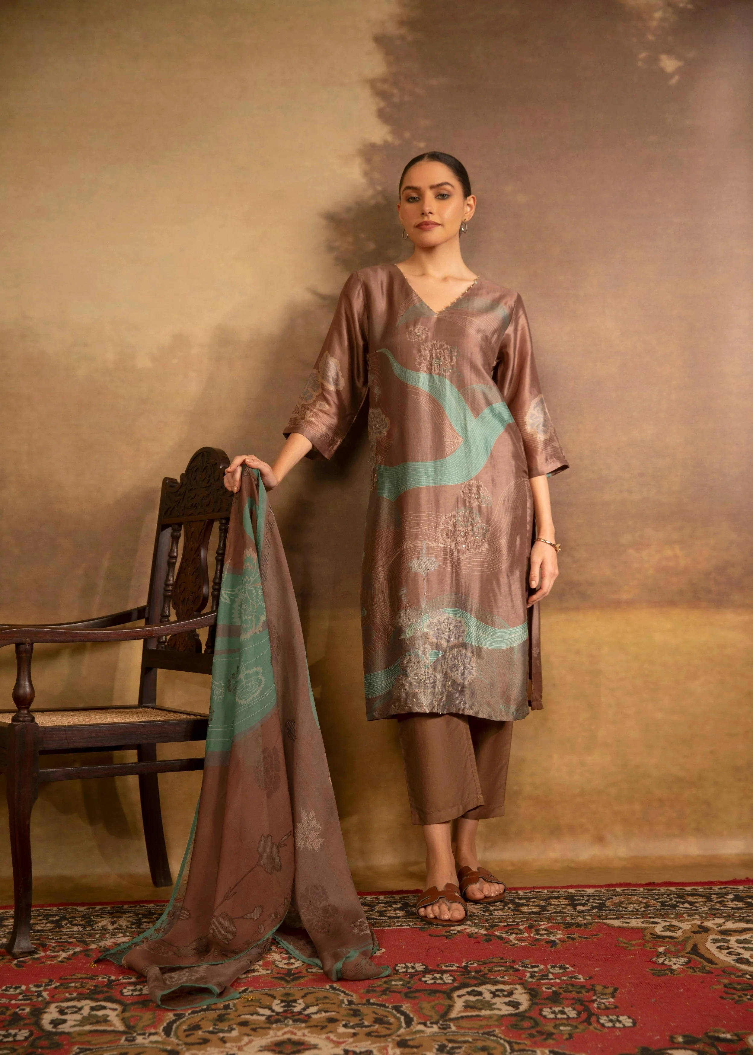 Bronze Brown Printed Satin Silk Pant Set