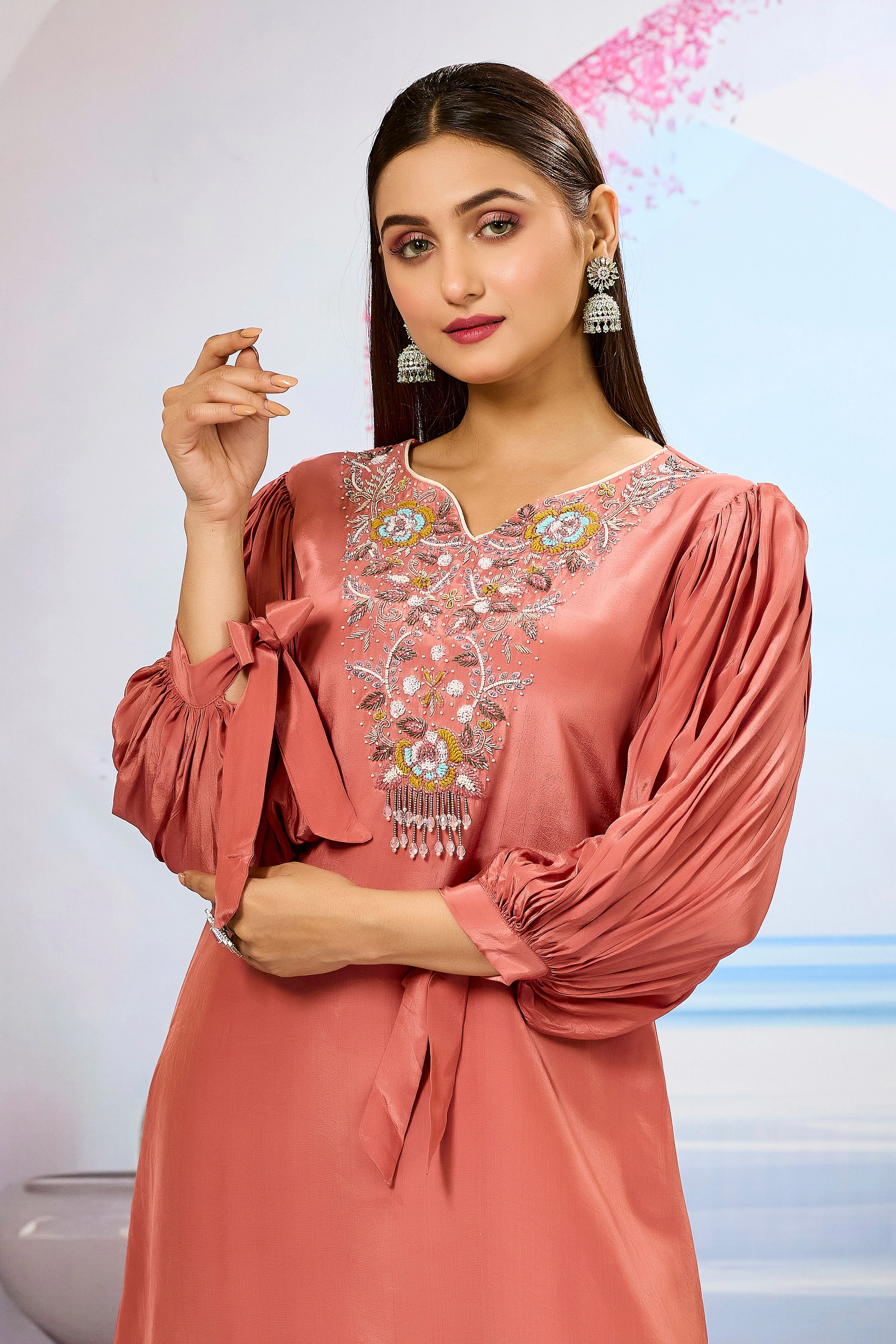 Peach Embellished Crepe Silk Palazzo Set - Image 2