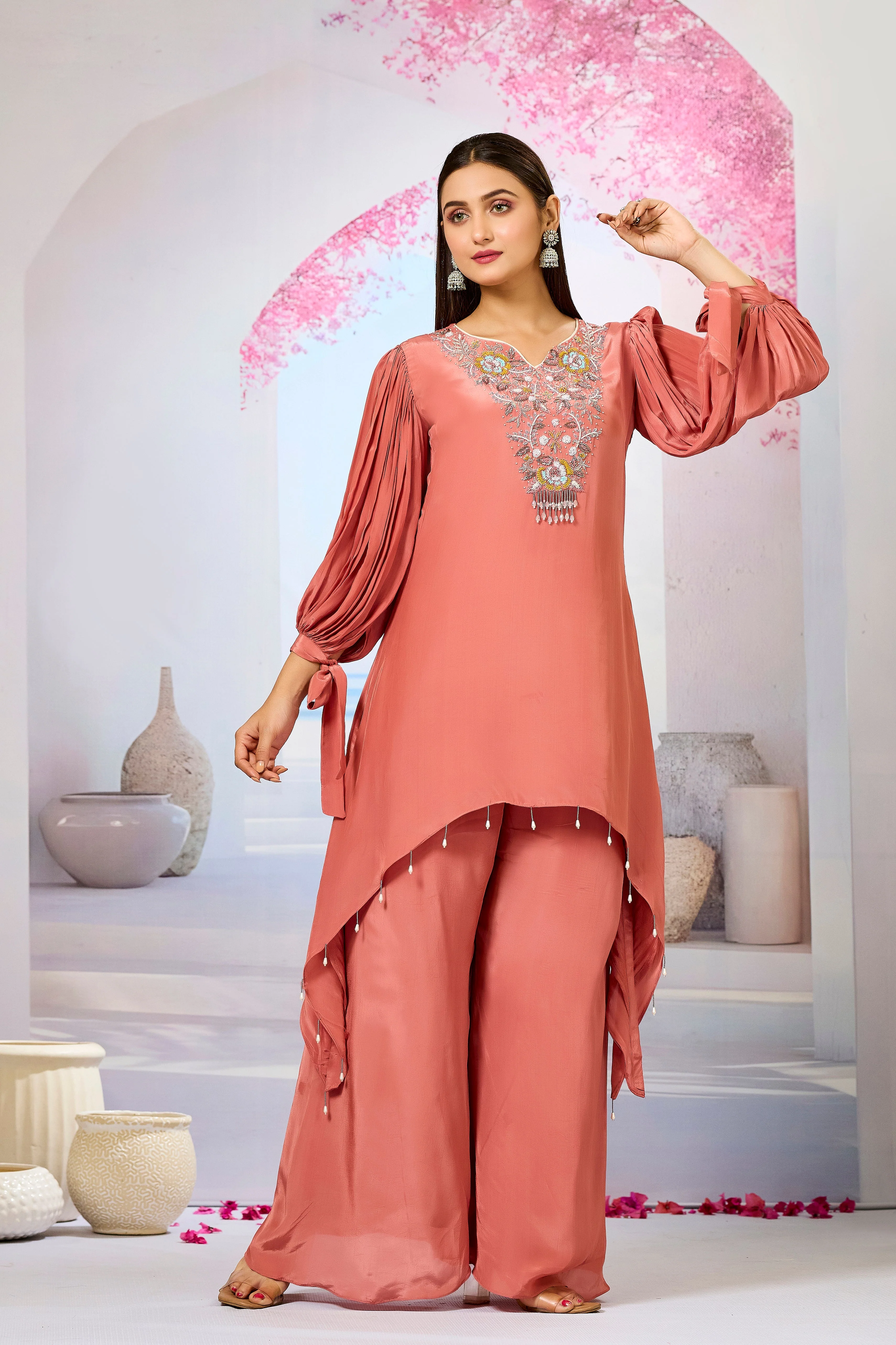 Peach Embellished Crepe Silk Palazzo Set - Image 3