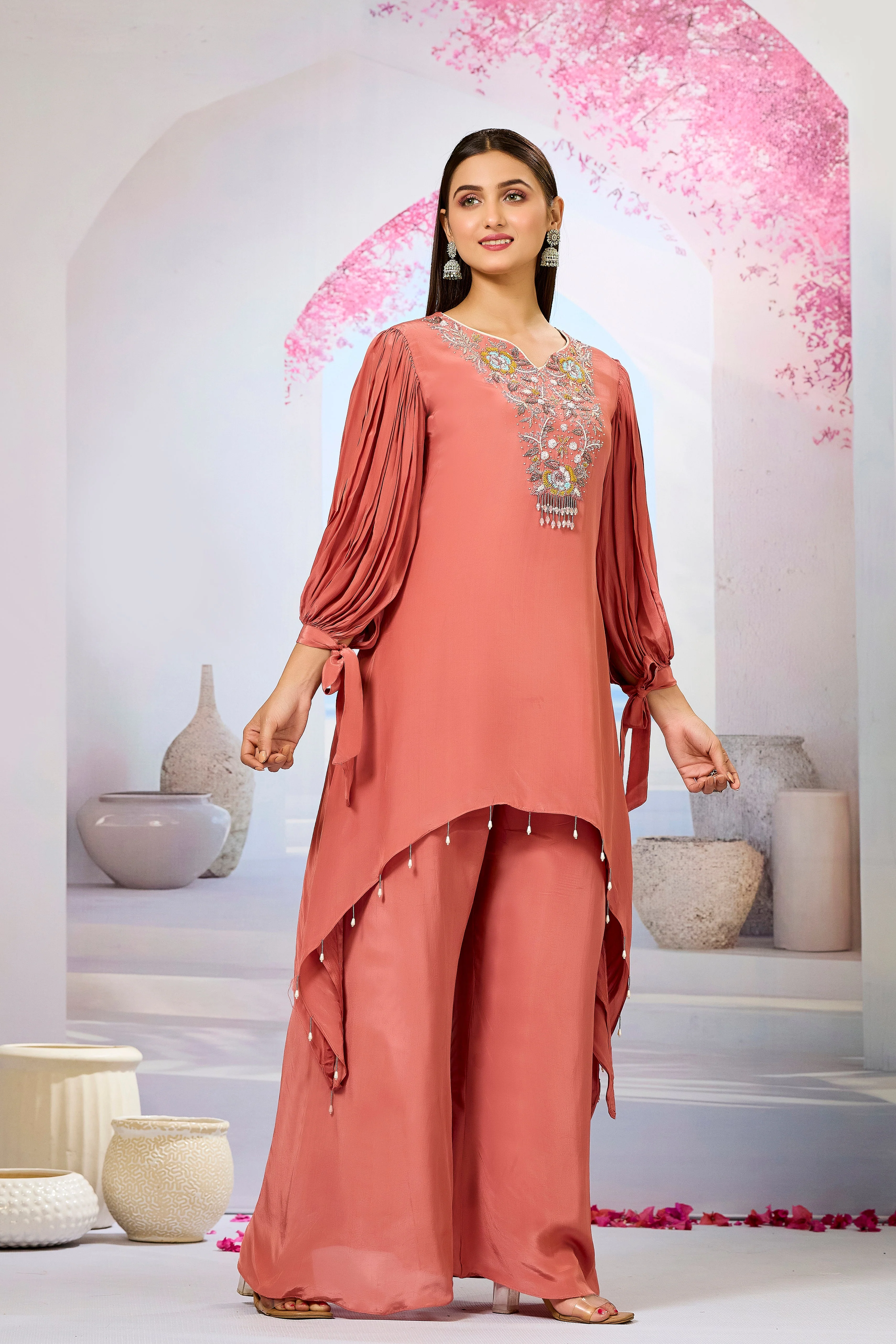Peach Embellished Crepe Silk Palazzo Set - Image 4