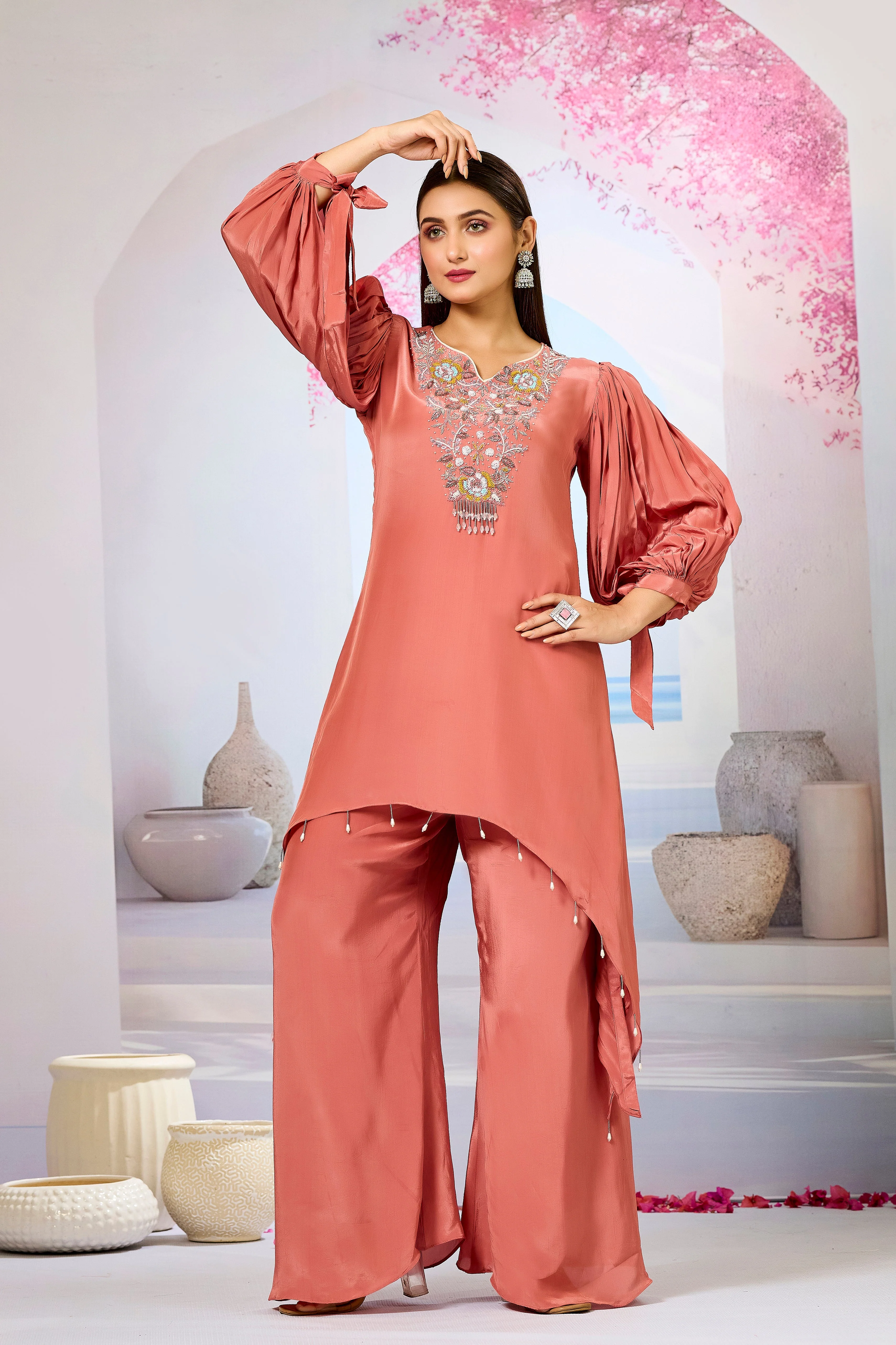 Peach Embellished Crepe Silk Palazzo Set - Image 5