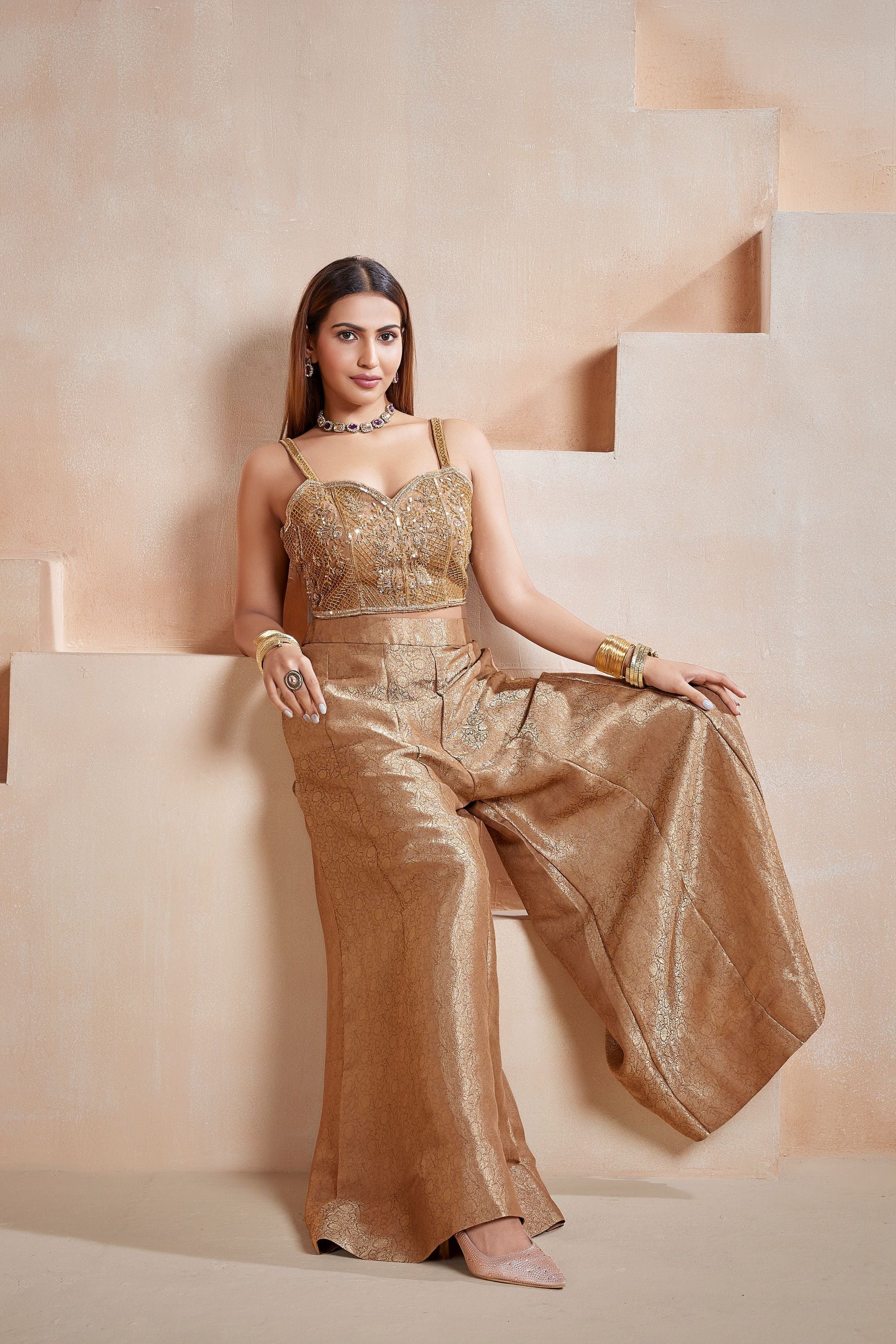 Bronze Glam Embellished Banarasi Silk Palazzo Set - Image 3