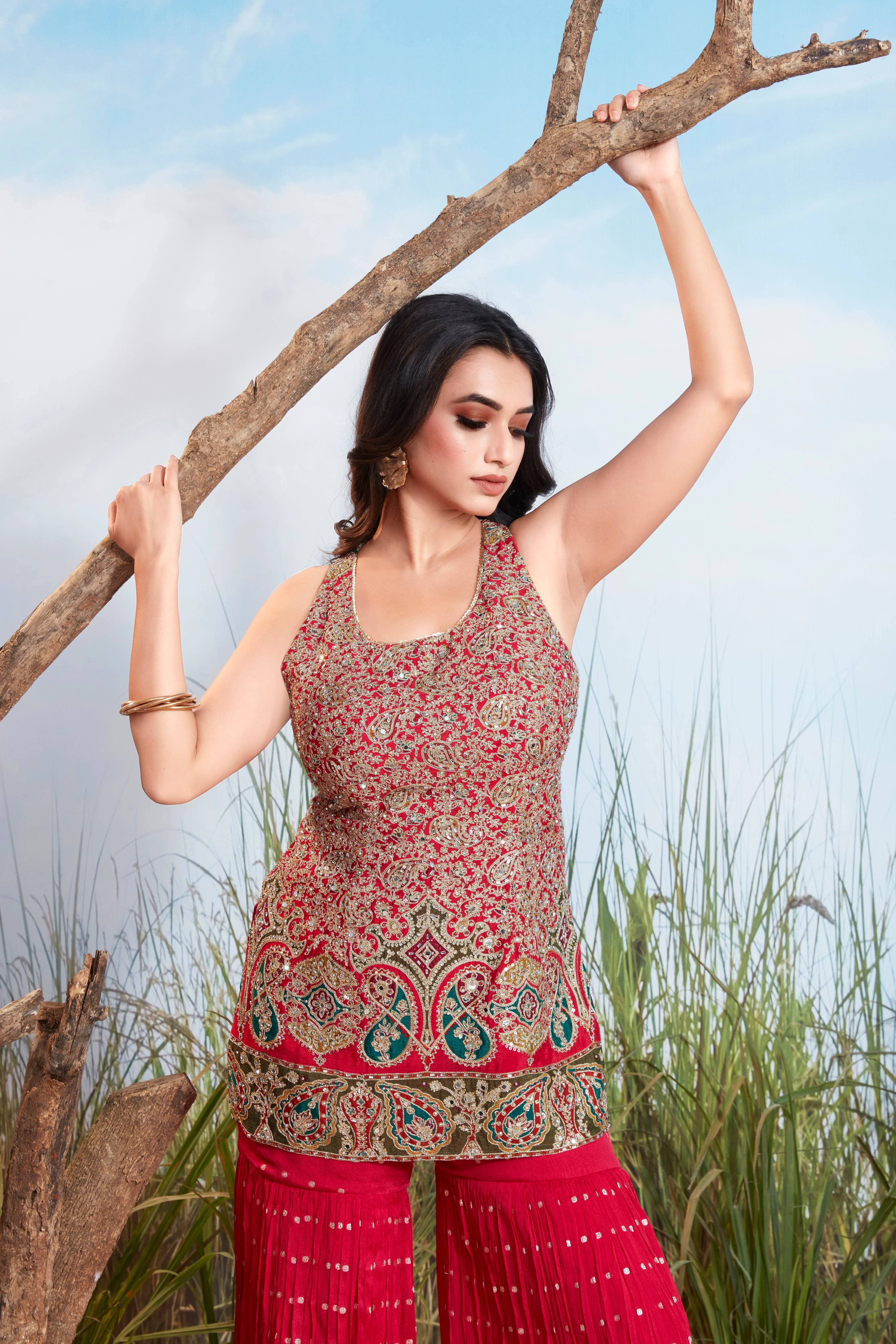 Vibrant Pink Embellished Chinon Silk Sharara Set - Image 2