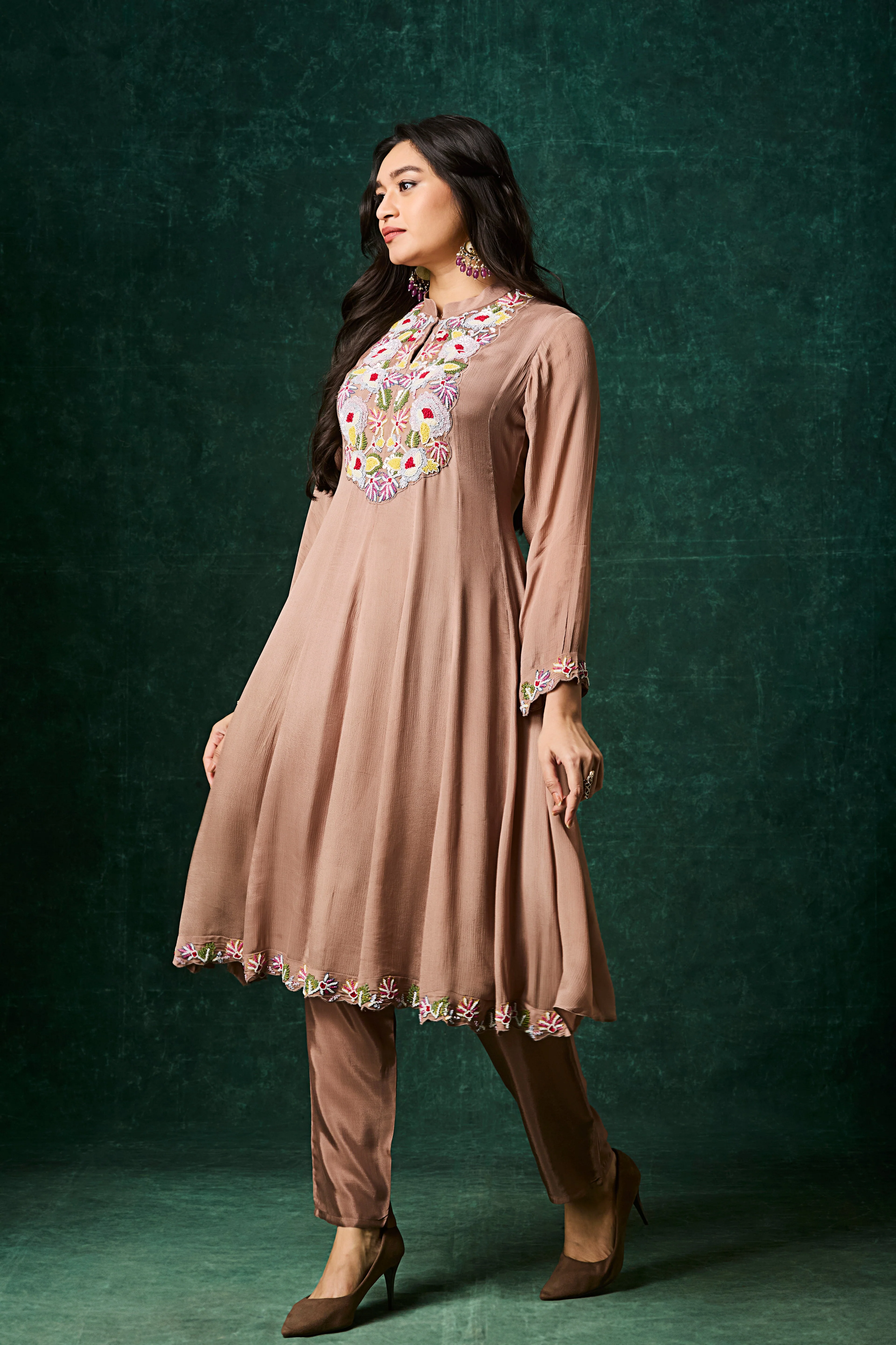 Brown Embellished Chinon Silk Anarkali Set - Image 2
