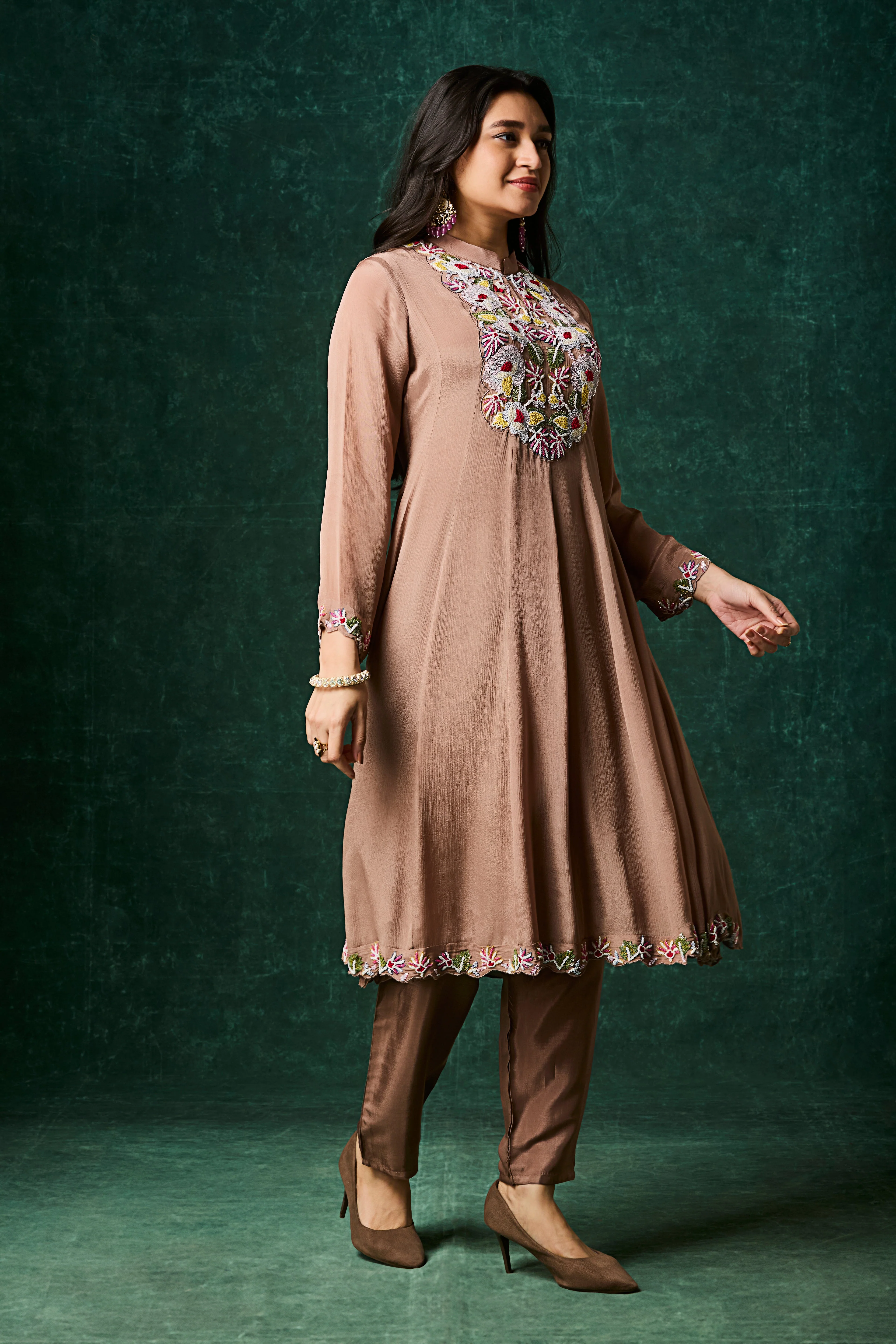 Brown Embellished Chinon Silk Anarkali Set - Image 3