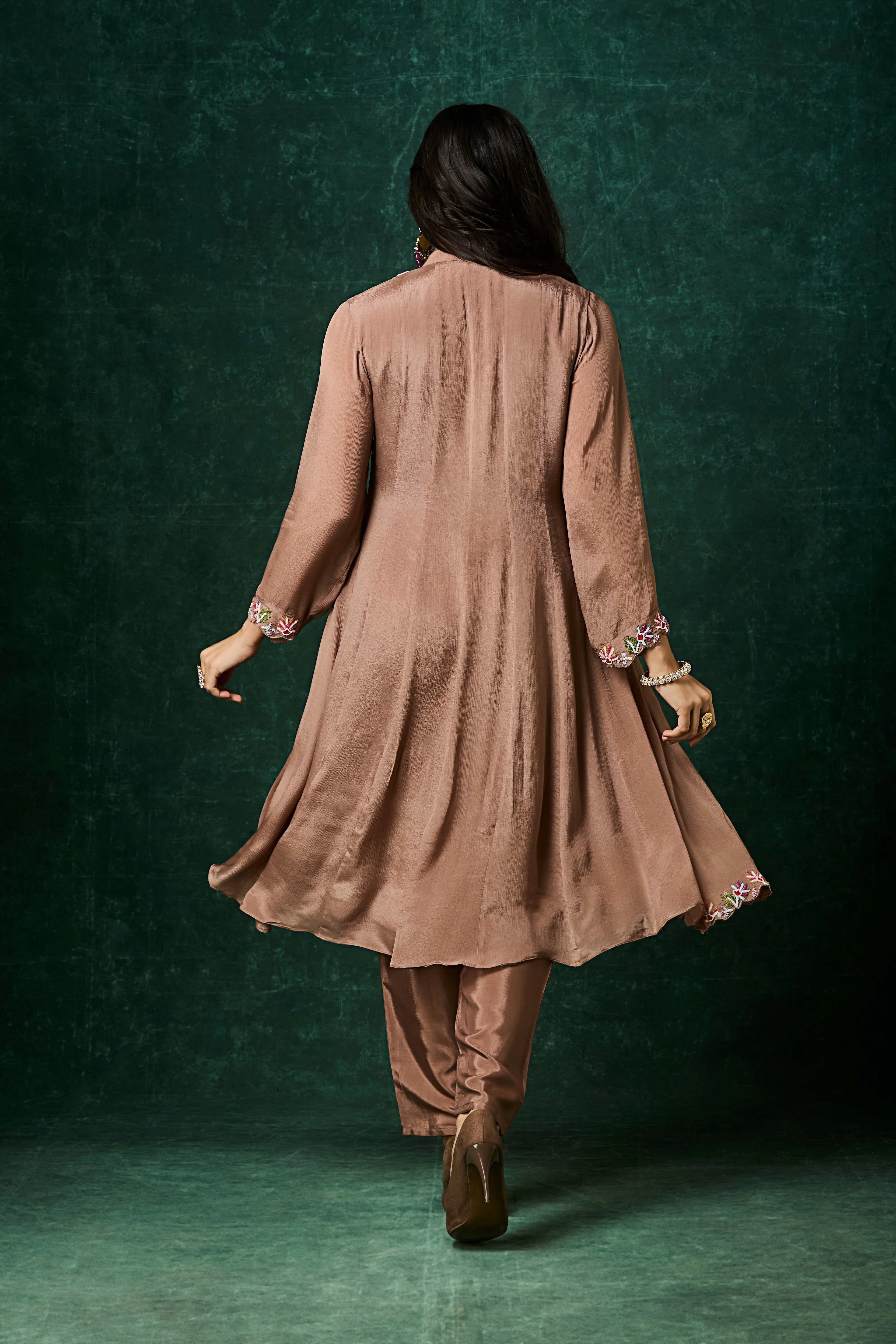 Brown Embellished Chinon Silk Anarkali Set - Image 4