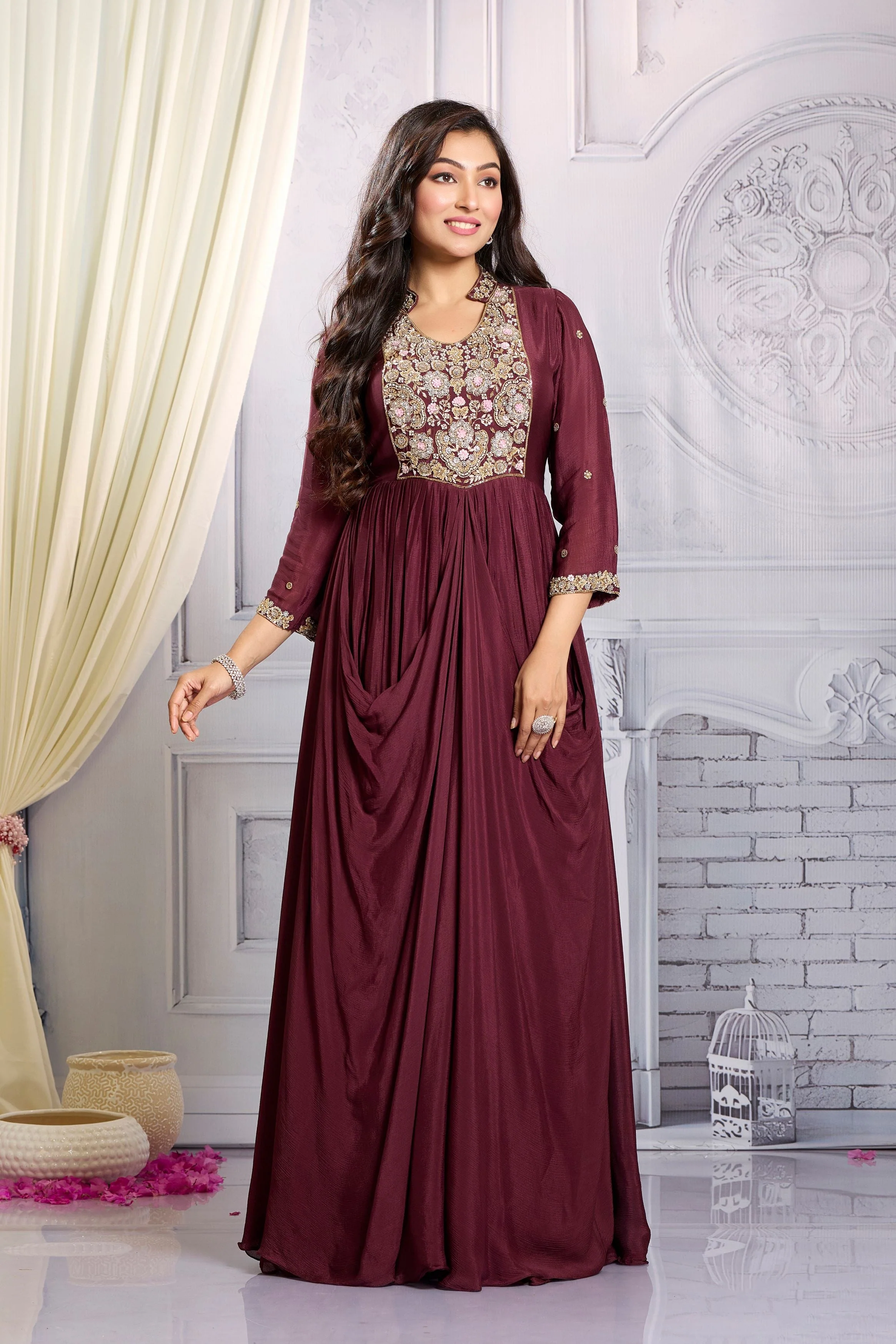 Burgundy Embellished Chinon Silk Draped Gown - Image 3