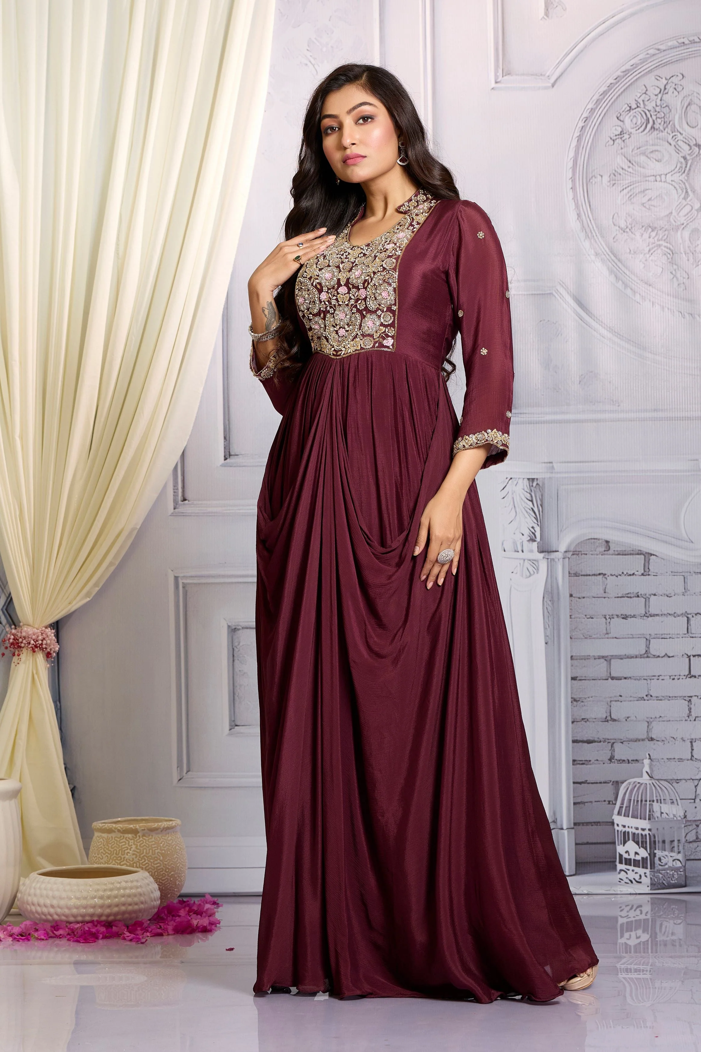 Burgundy Embellished Chinon Silk Draped Gown - Image 4
