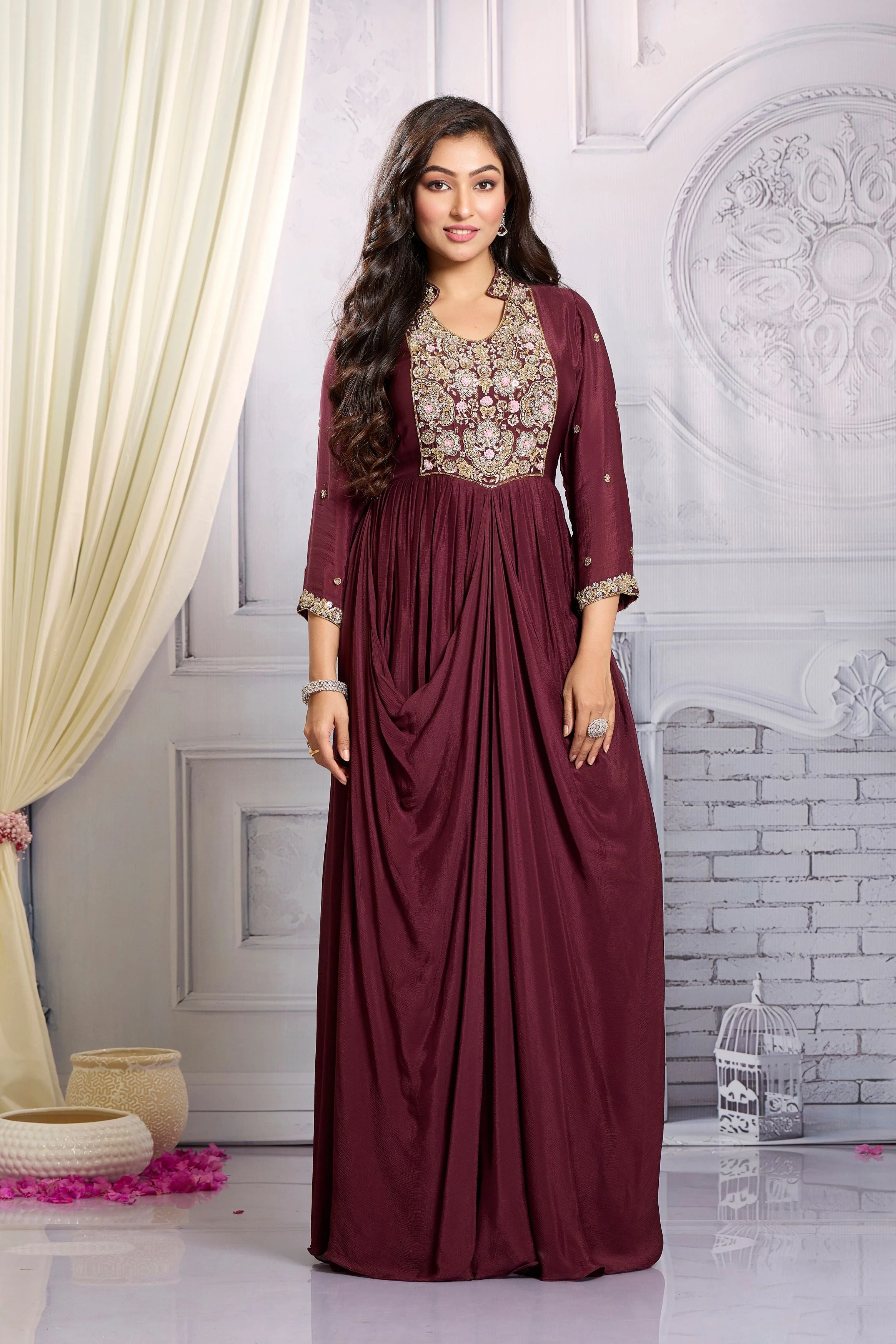 Burgundy Embellished Chinon Silk Draped Gown - Image 5