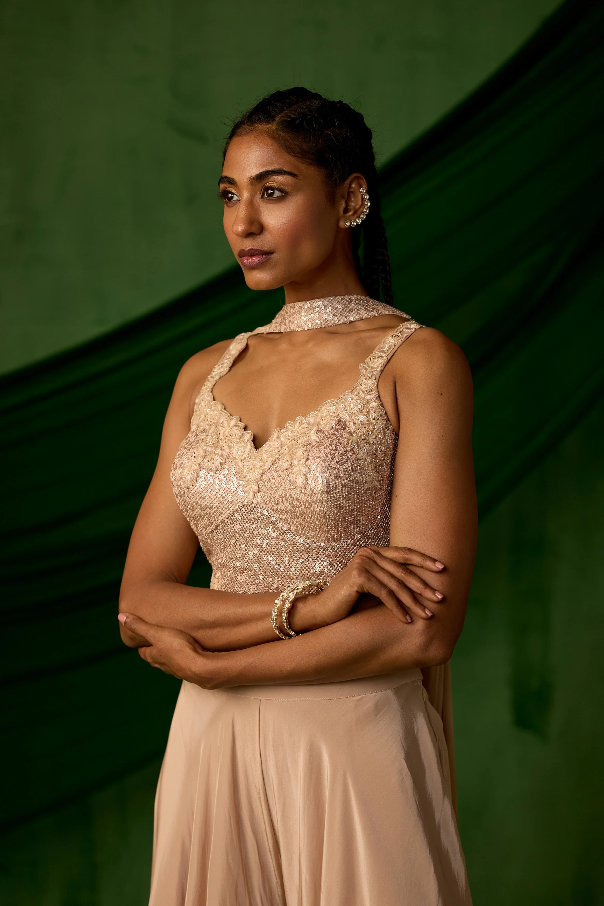Nude Beige Embellished Satin Silk Sharara Set - Image 3
