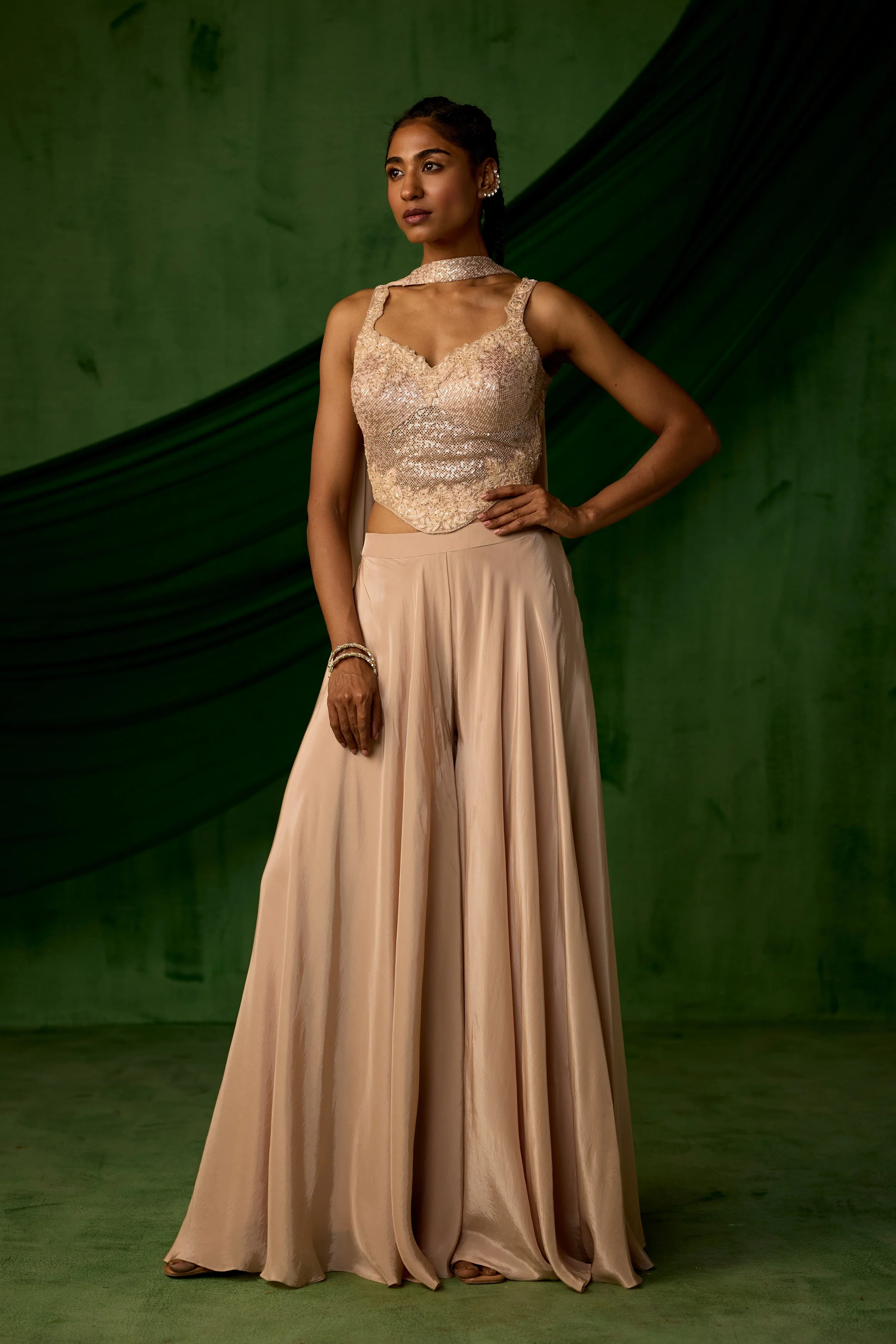 Nude Beige Embellished Satin Silk Sharara Set - Image 4