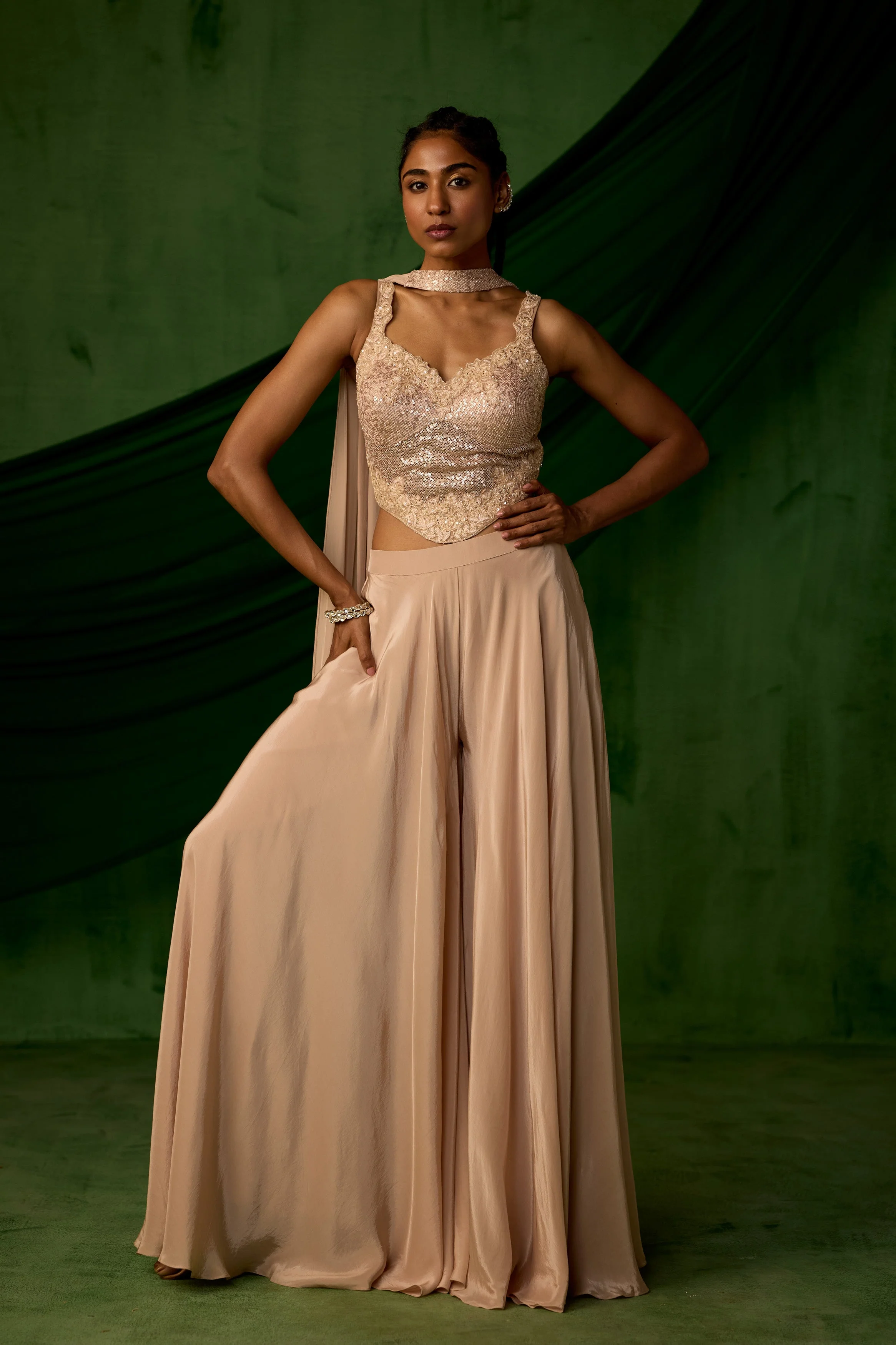 Nude Beige Embellished Satin Silk Sharara Set - Image 5