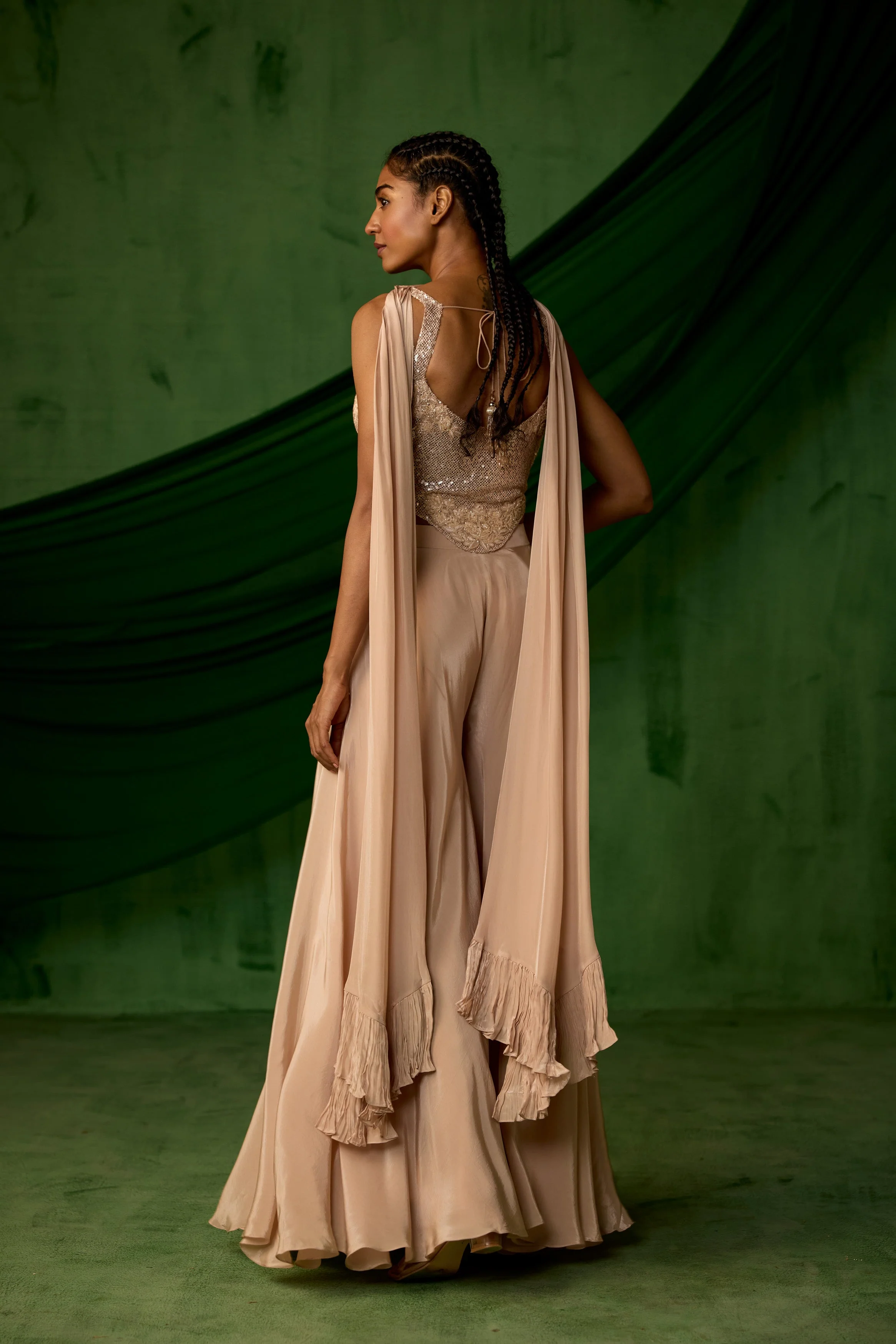 Nude Beige Embellished Satin Silk Sharara Set - Image 6