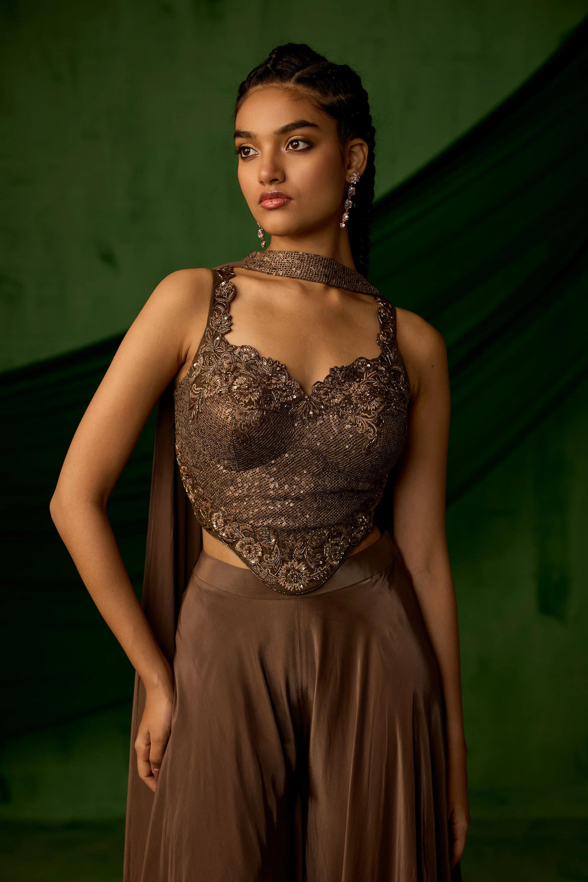 Copper Brown Embellished Satin Silk Sharara Set - Image 3