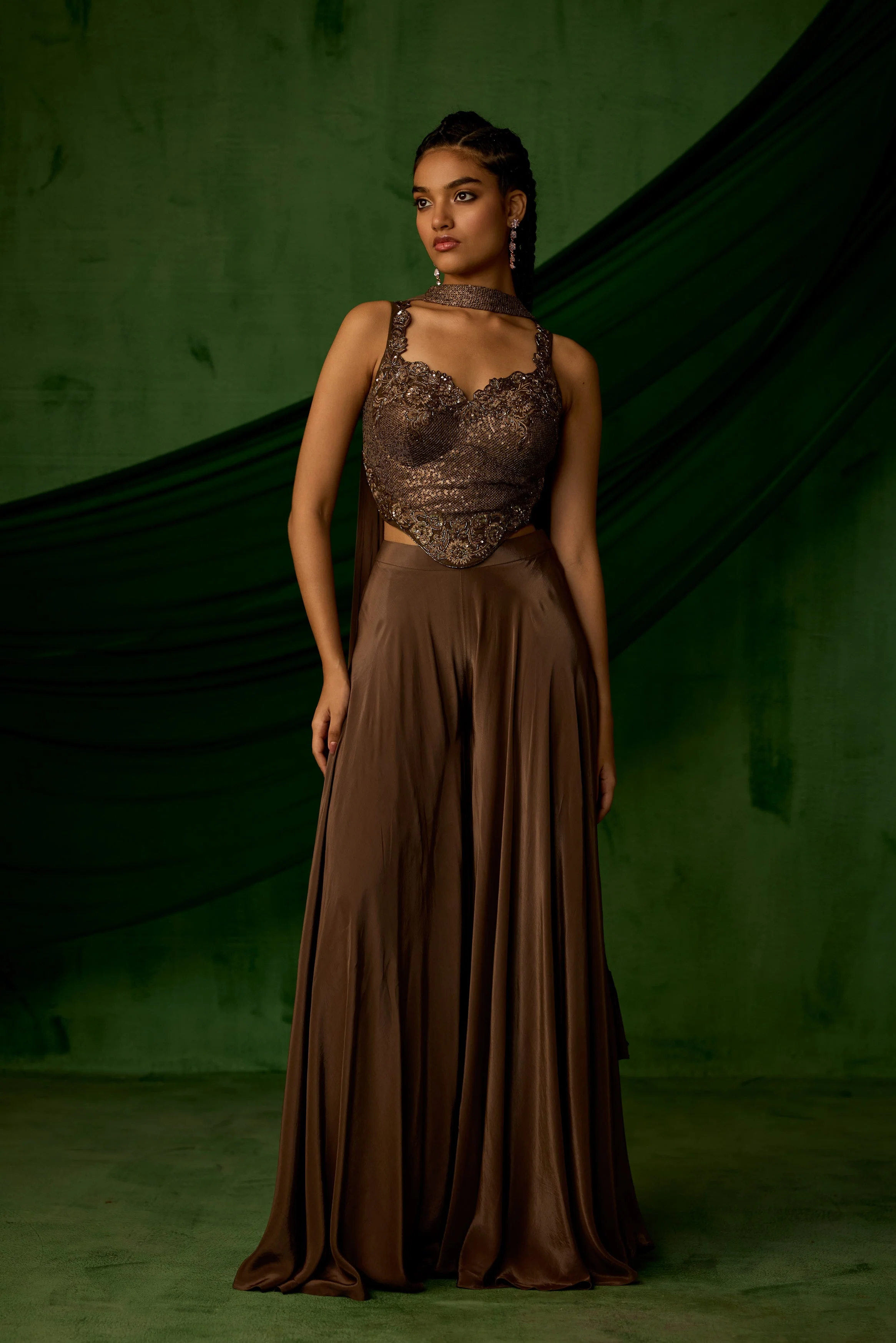 Copper Brown Embellished Satin Silk Sharara Set - Image 4