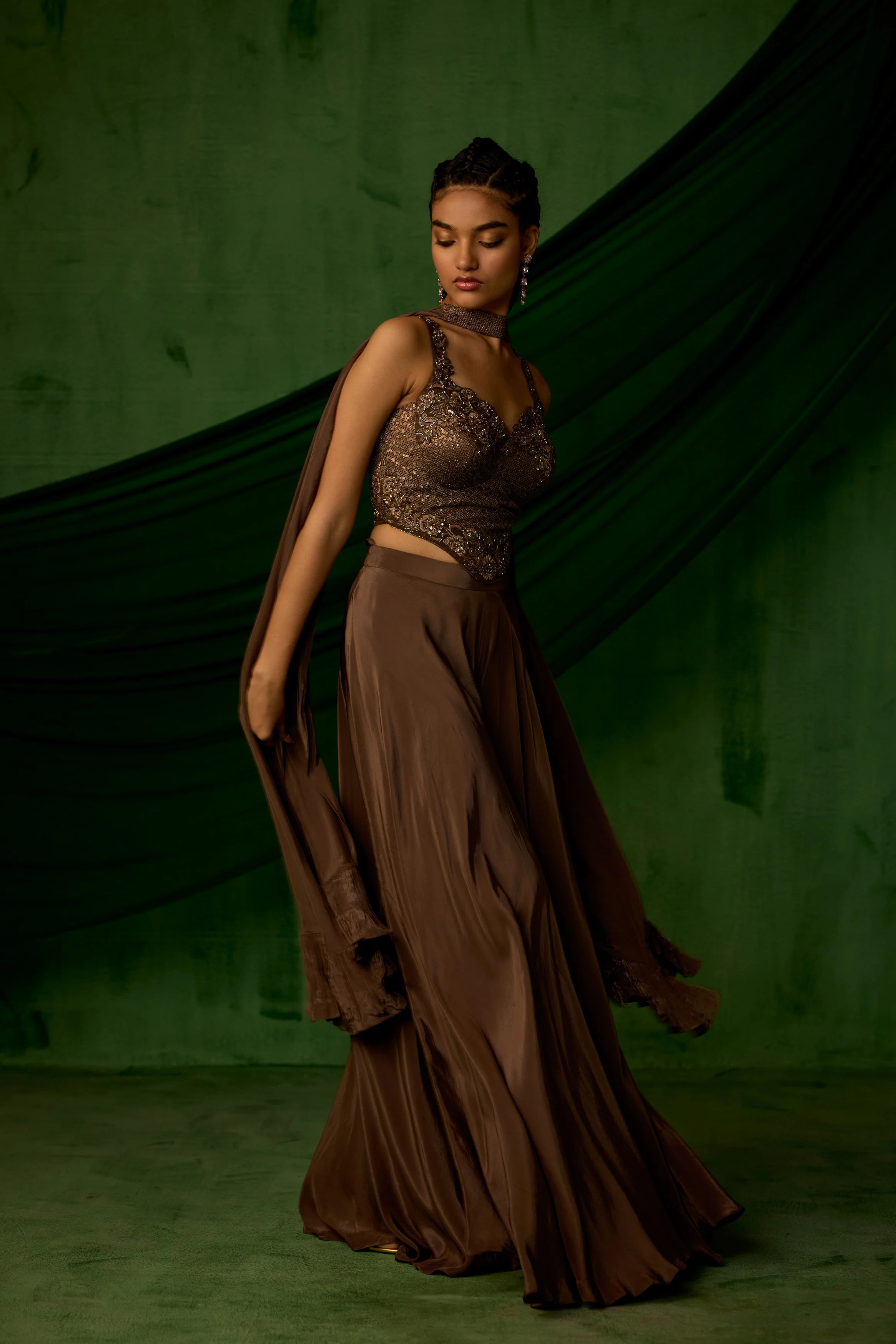 Copper Brown Embellished Satin Silk Sharara Set - Image 5