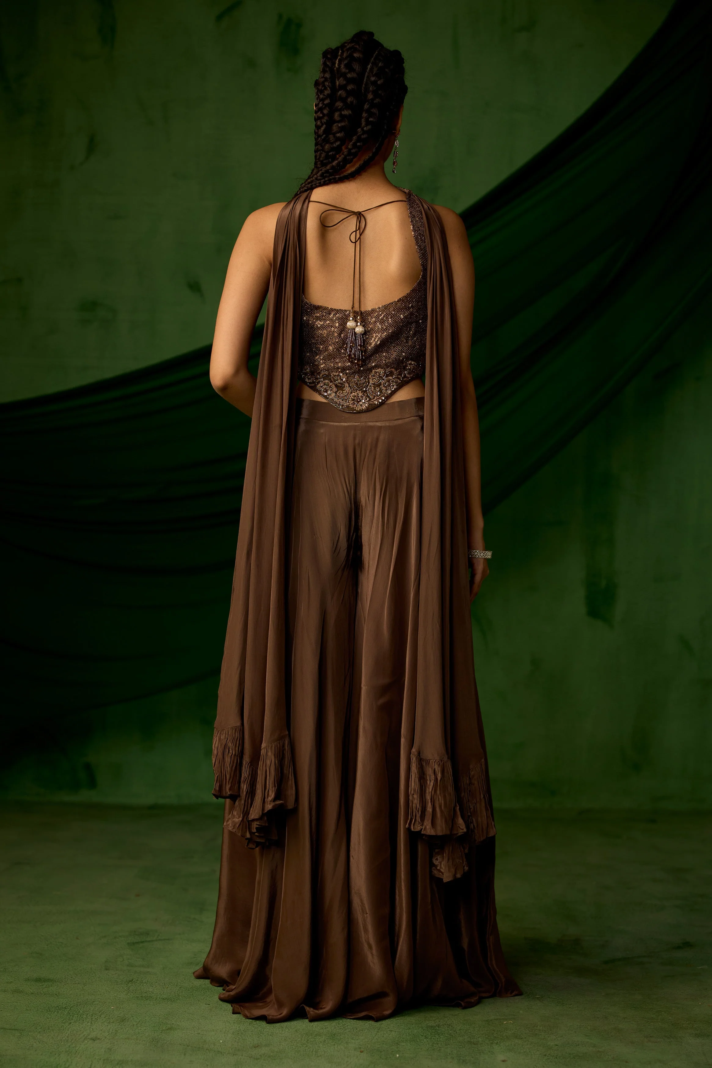 Copper Brown Embellished Satin Silk Sharara Set - Image 6