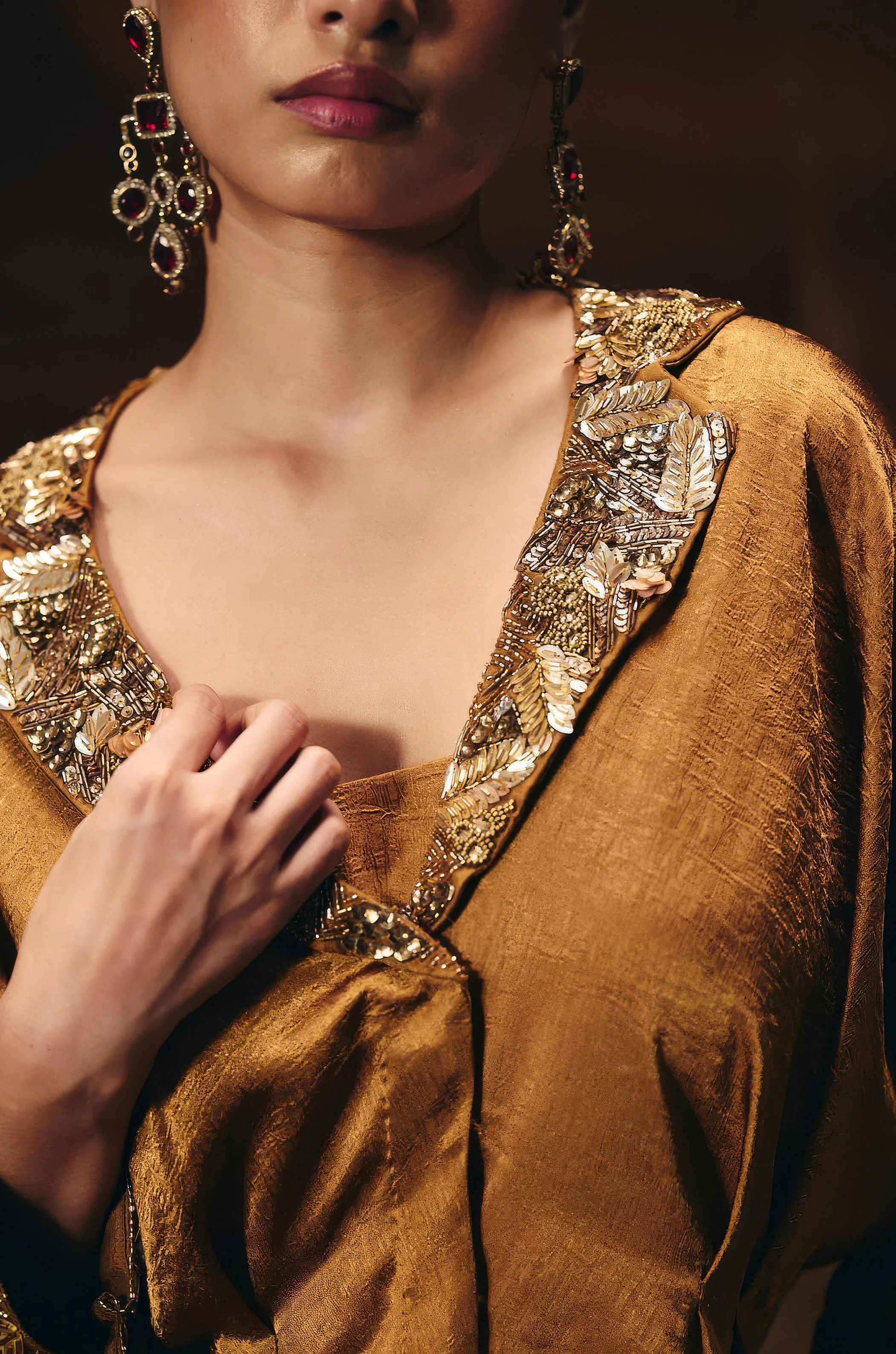 Antique Gold Embellished Satin Silk Skirt Set - Image 2