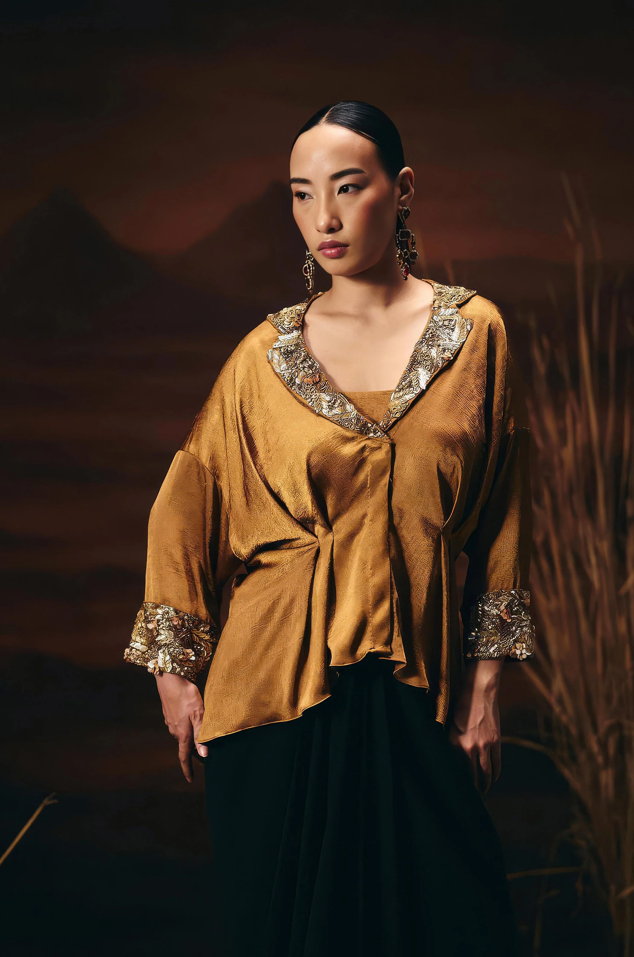 Antique Gold Embellished Satin Silk Skirt Set - Image 3