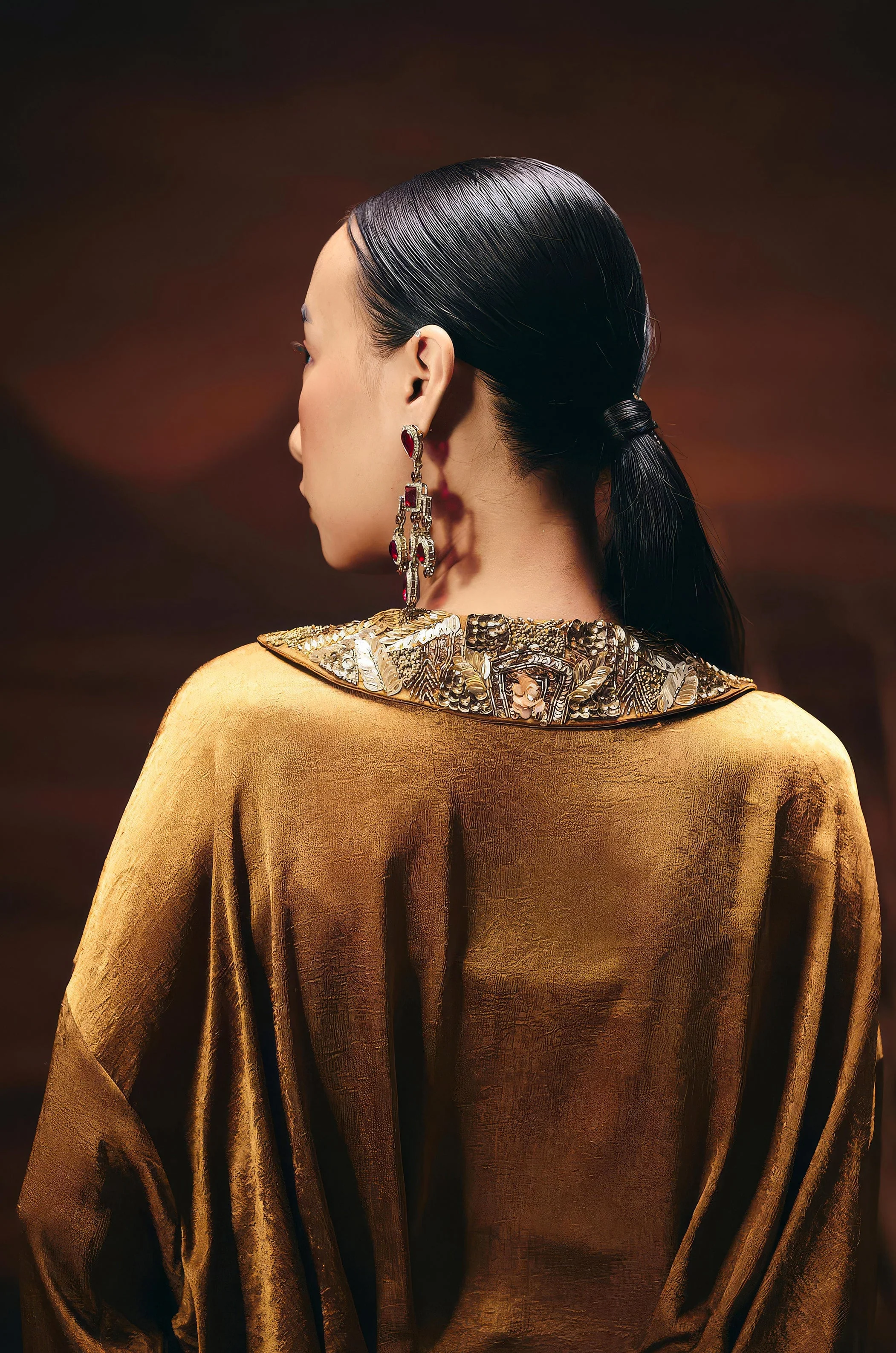 Antique Gold Embellished Satin Silk Skirt Set - Image 4