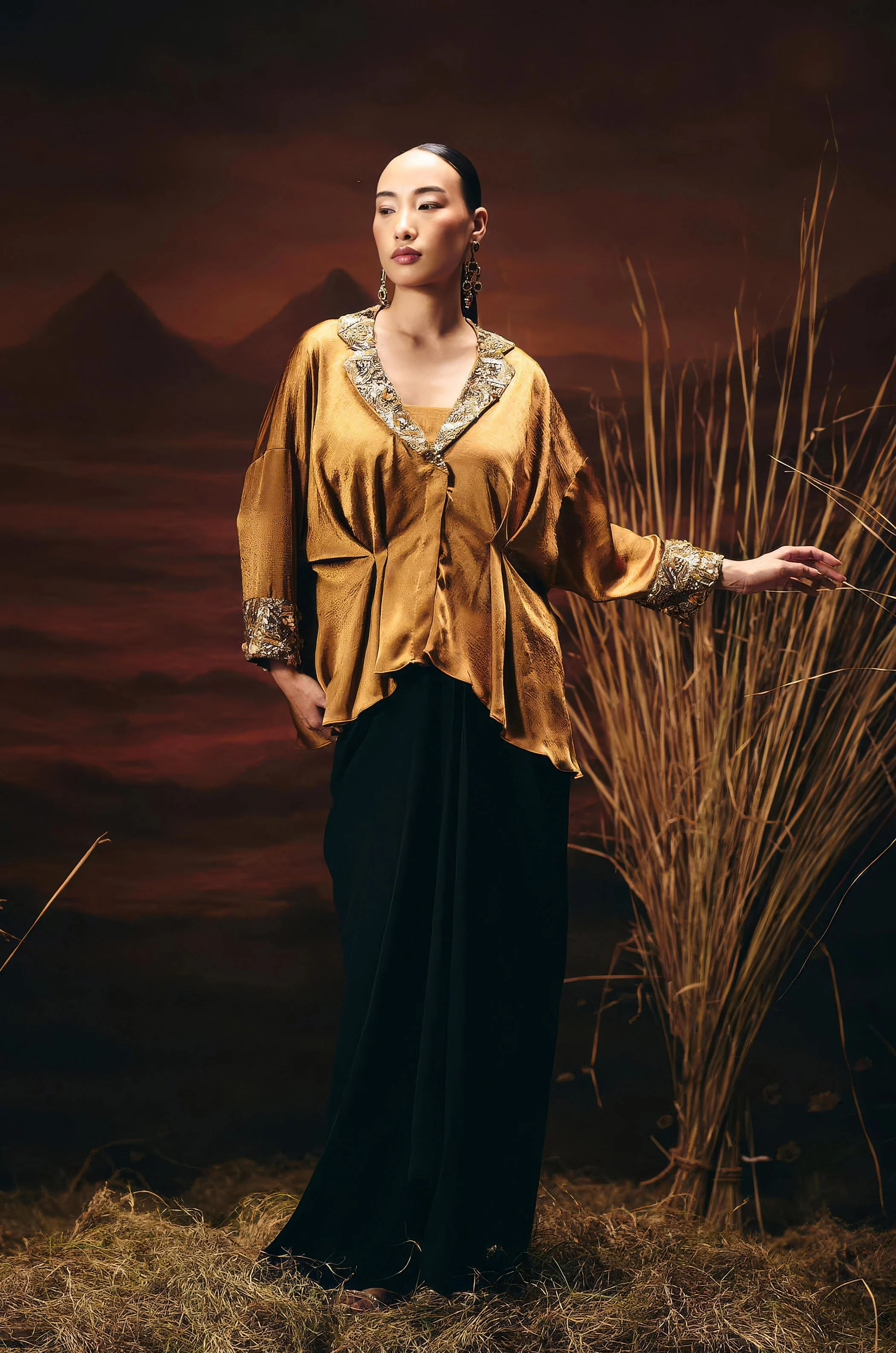 Antique Gold Embellished Satin Silk Skirt Set - Image 5