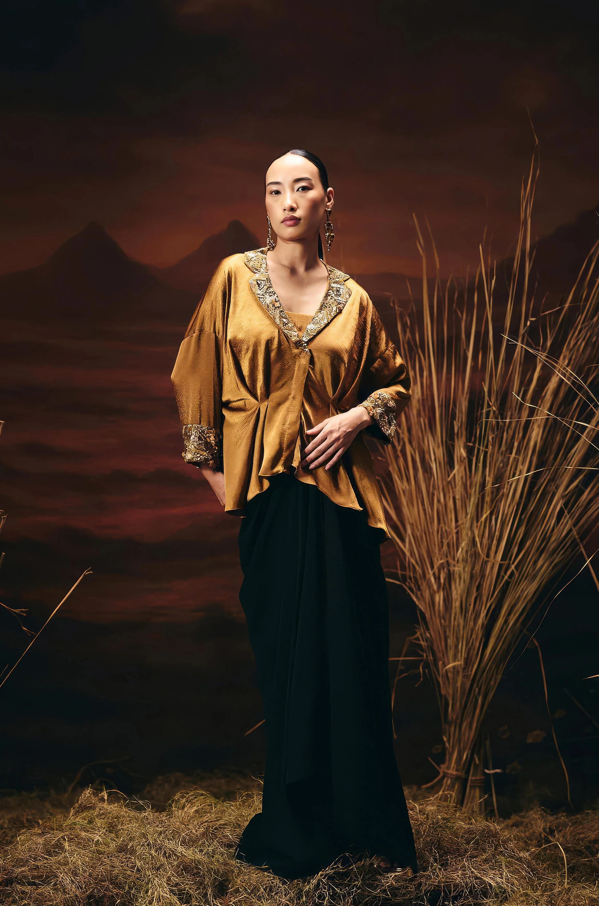 Antique Gold Embellished Satin Silk Skirt Set - Image 6