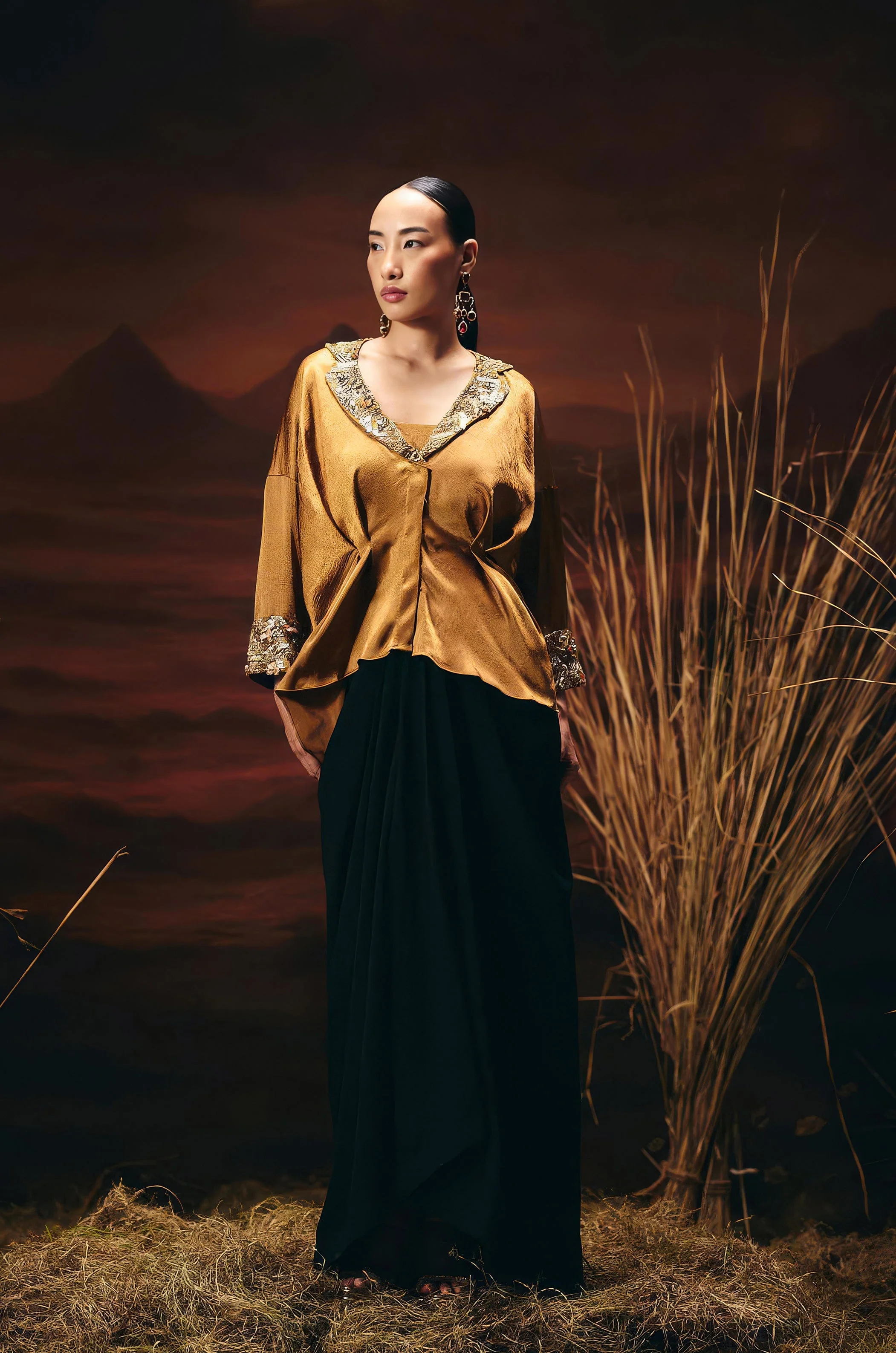 Antique Gold Embellished Satin Silk Skirt Set - Image 7