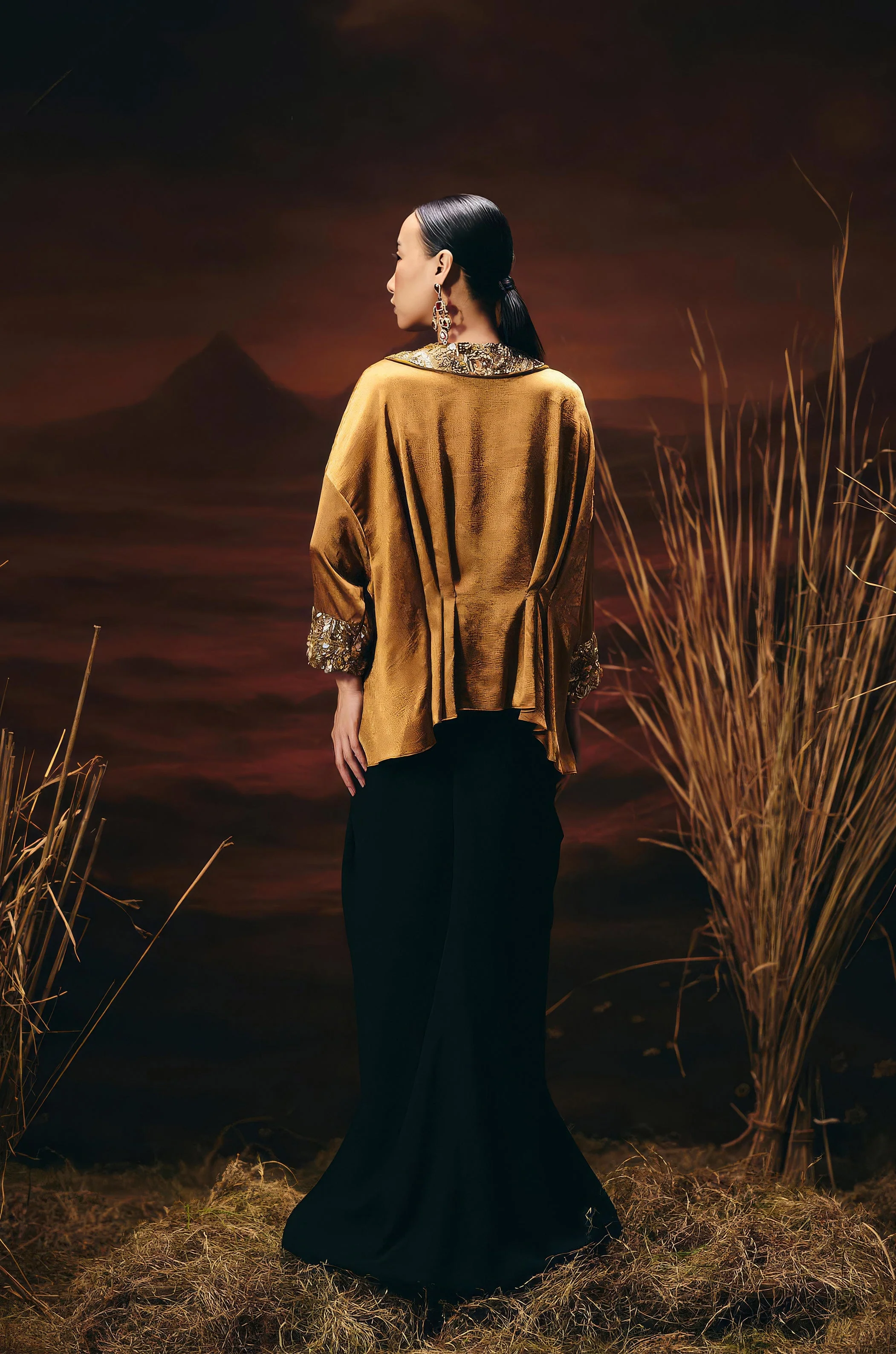 Antique Gold Embellished Satin Silk Skirt Set - Image 8