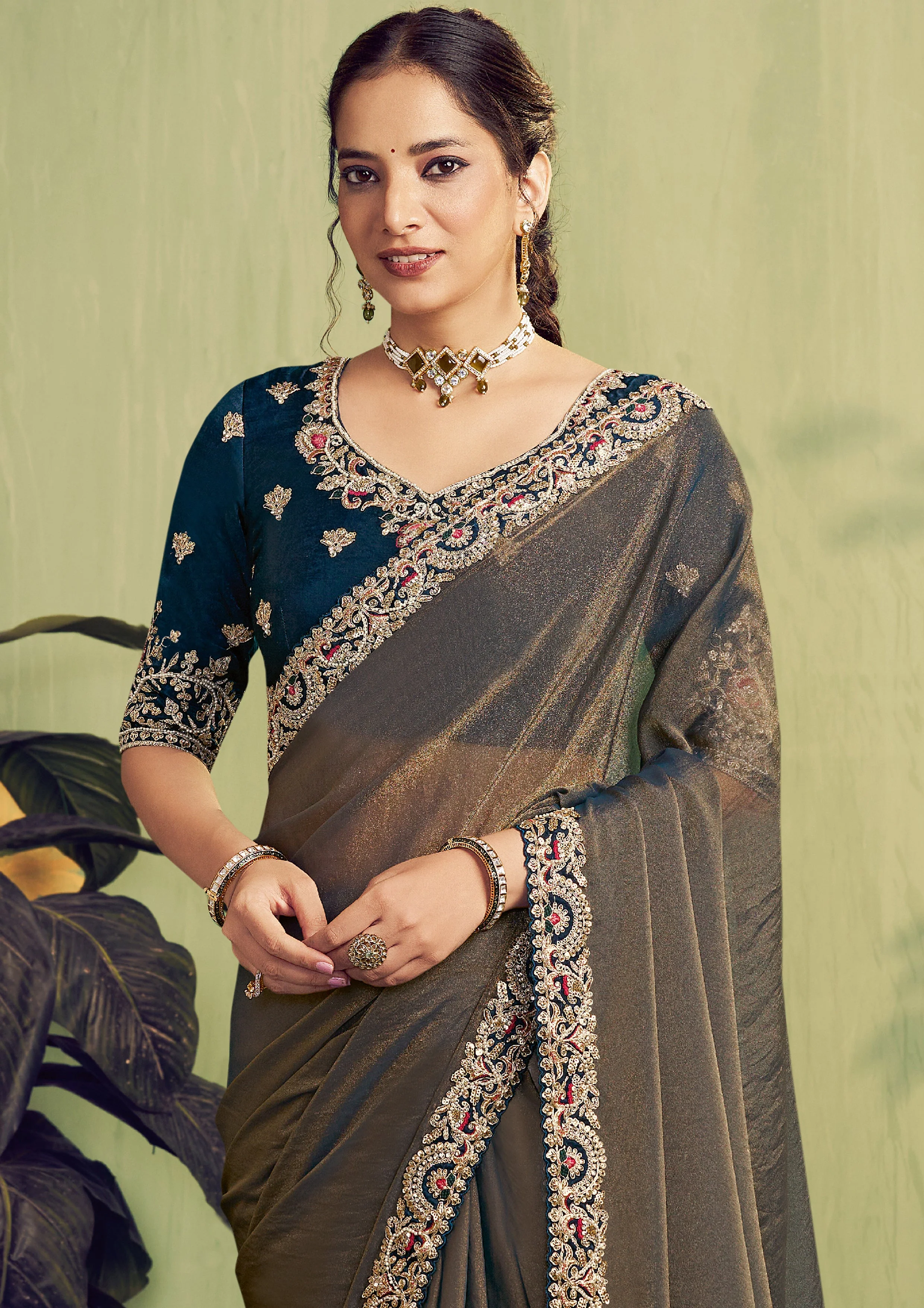 Brown Embellished Shimmer Tissue Silk Saree - Image 2