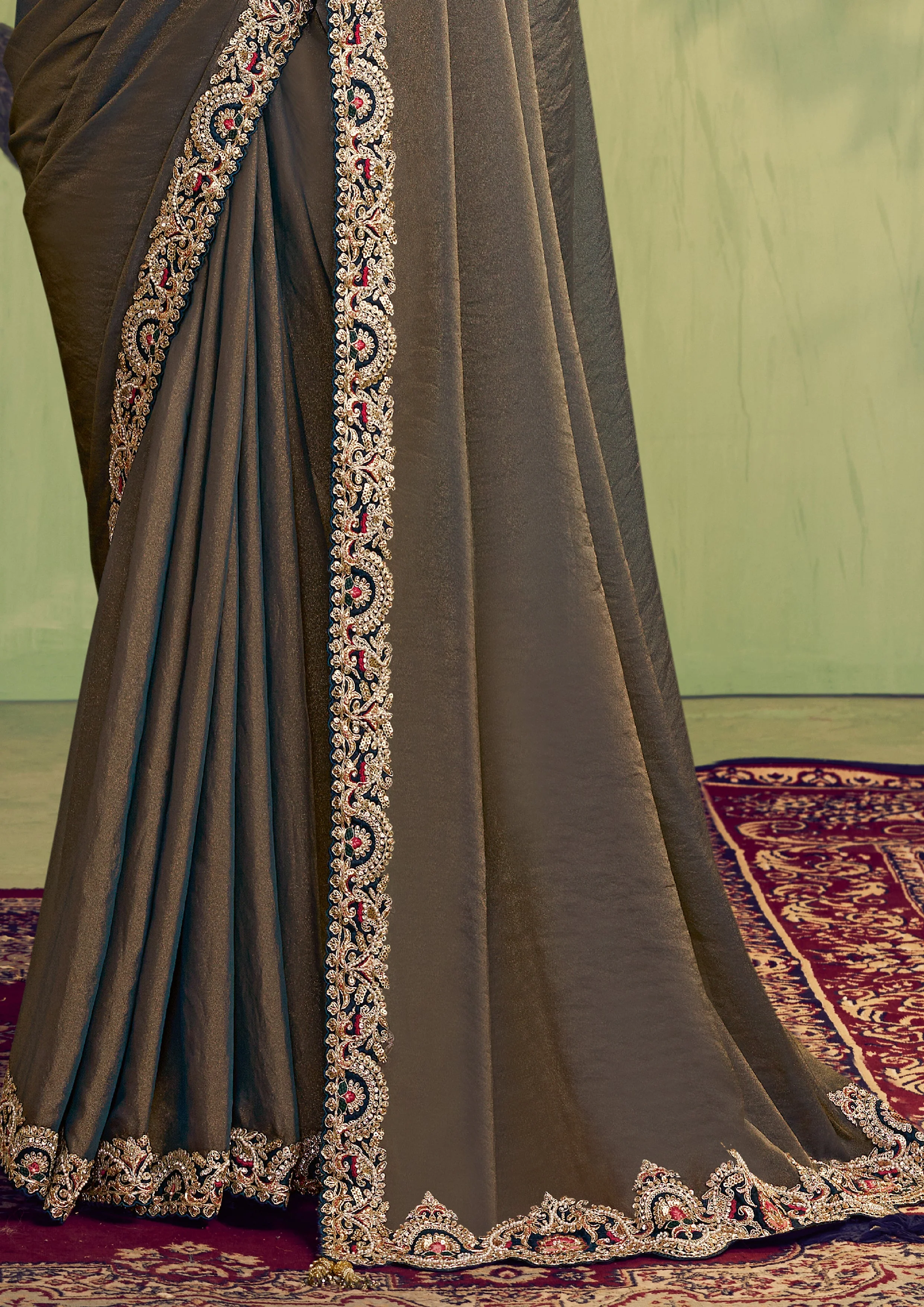 Brown Embellished Shimmer Tissue Silk Saree - Image 3